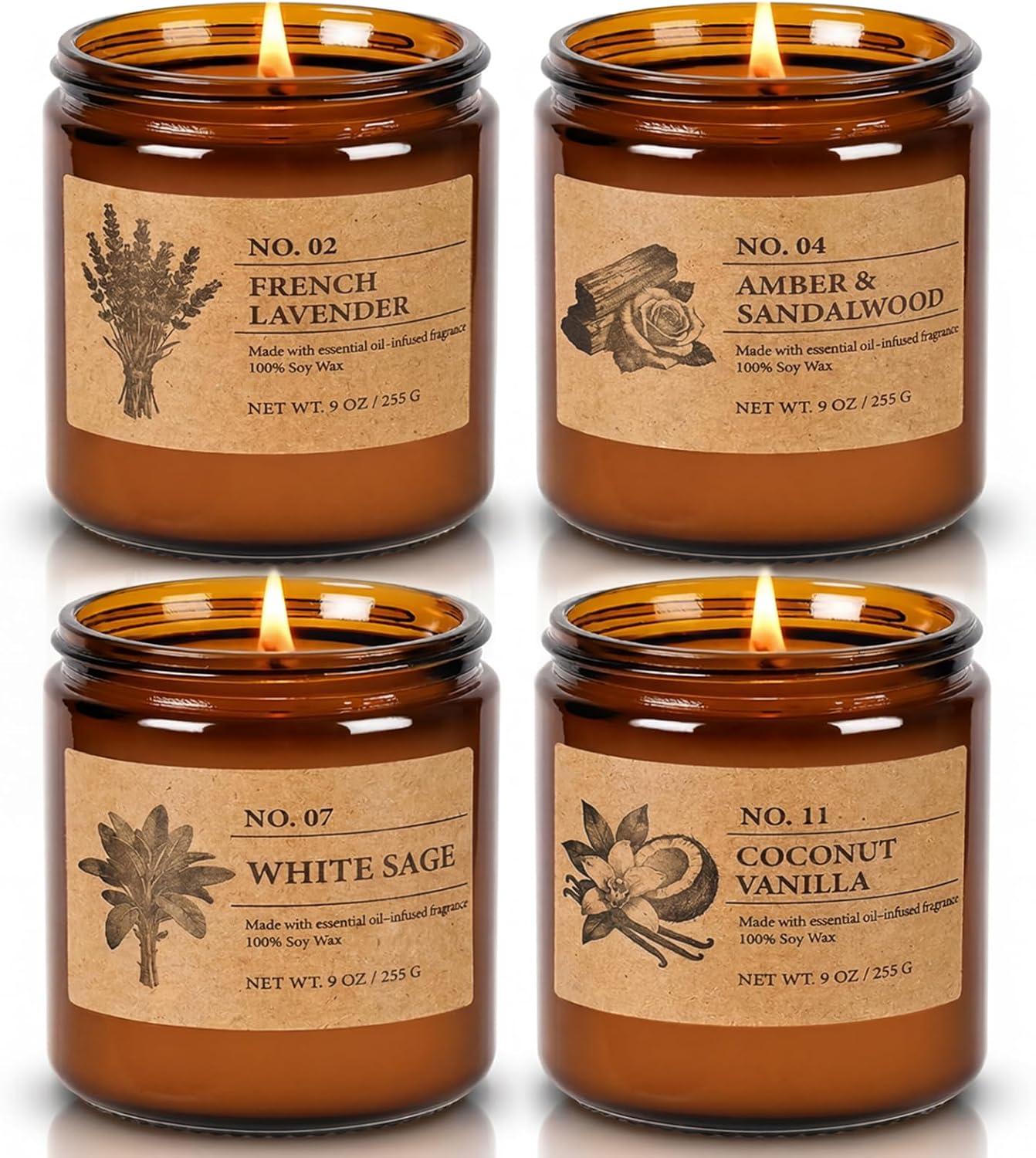 Soy Wax Orange Scented Candle — Set of 4 — 4 Pack Amber Jar Candles Set