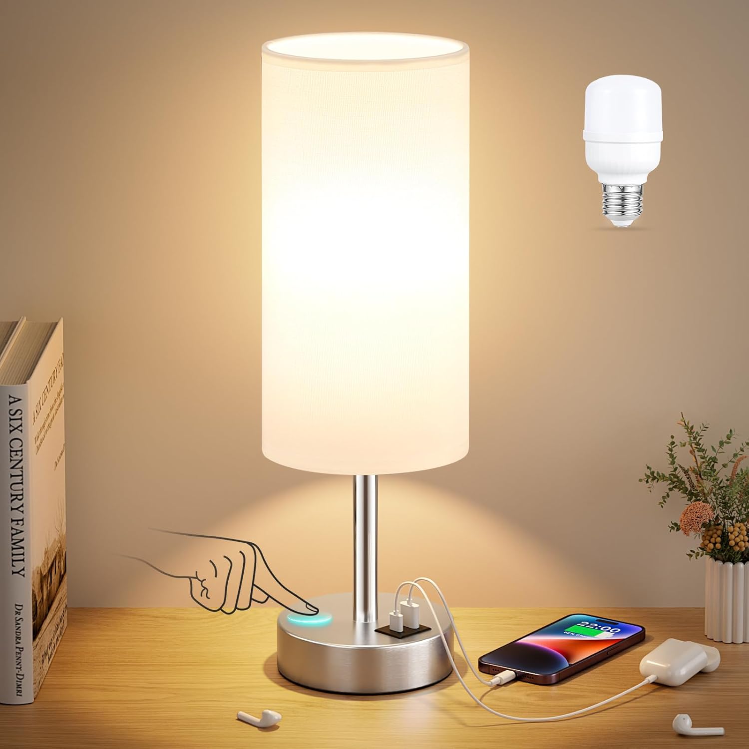 Dimmable Beige Desk Lamp — 14" — White & Silver