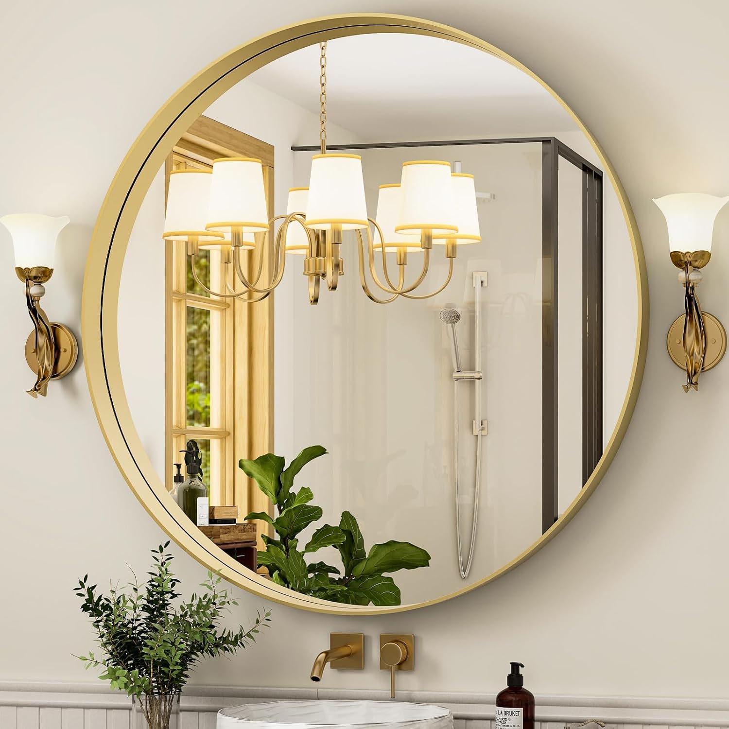 Round Modern Black Mirror — 24" — Gold