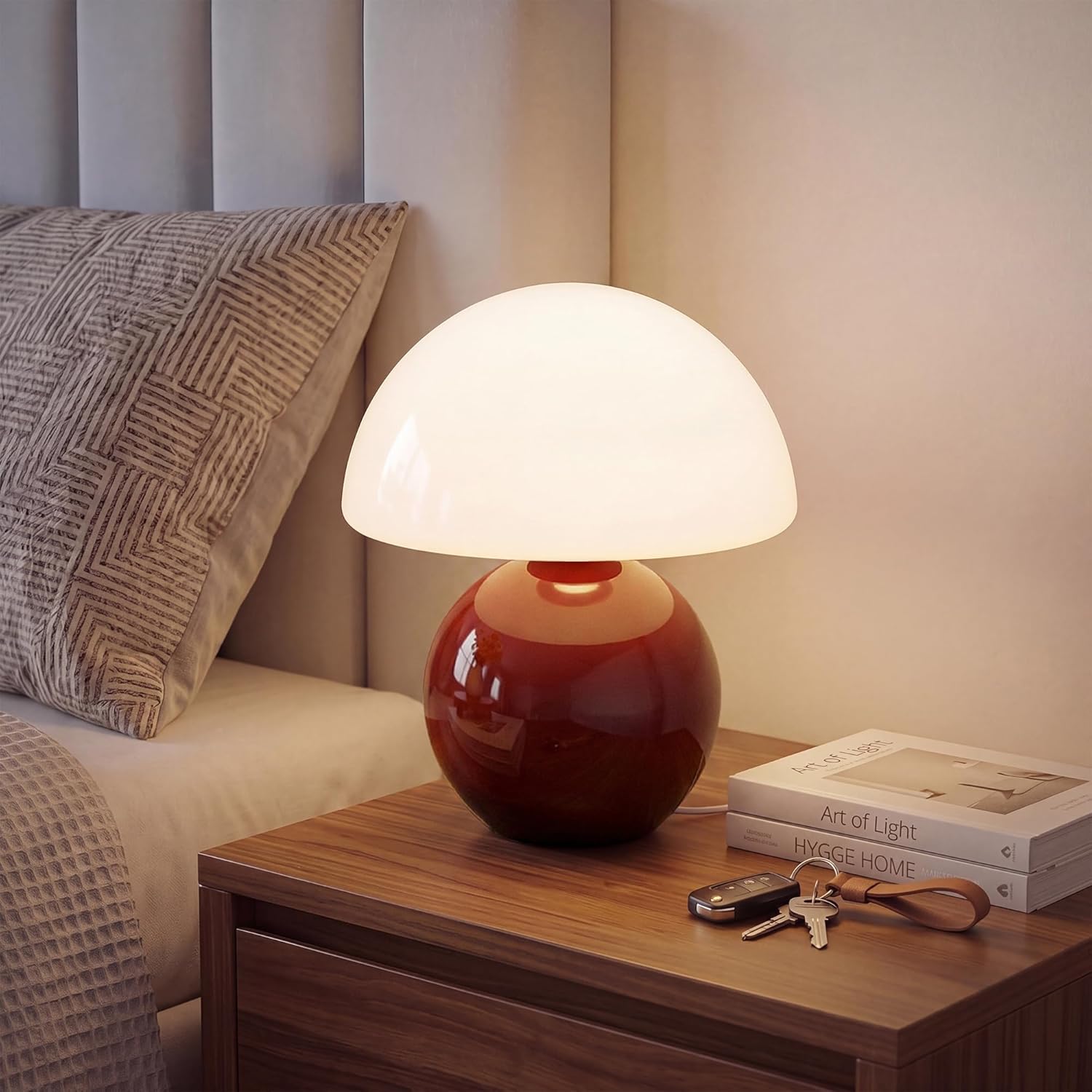 Mid-Century Beige Table Lamp — Wine Red