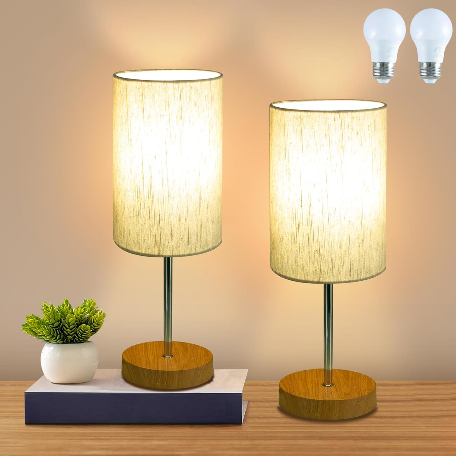 Linen Modern Beige Desk Lamp — 2 Pack Beige-Wood