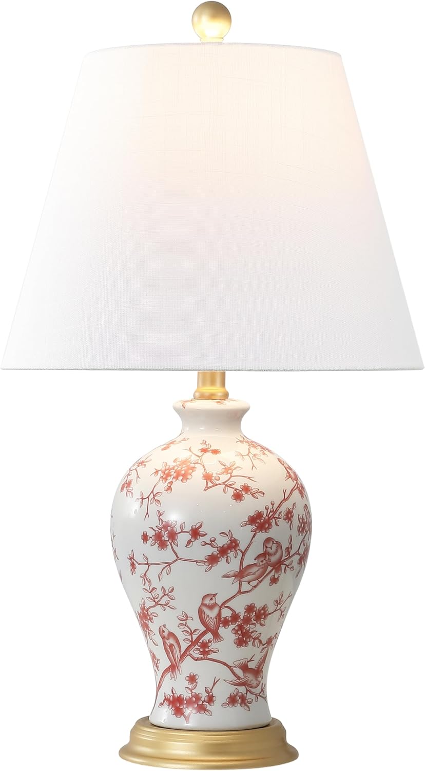 Linen Farmhouse Blue Bedside Lamp — 24" — White/Red