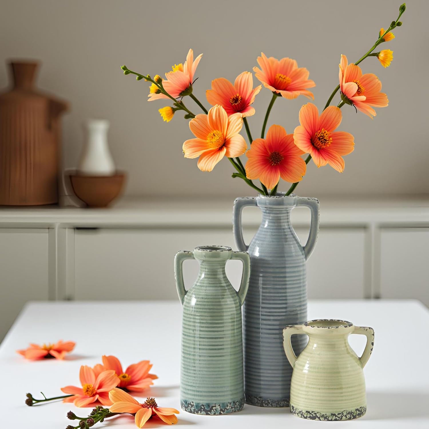 Round Farmhouse Blue Vase Set — Set of 3 - View 5