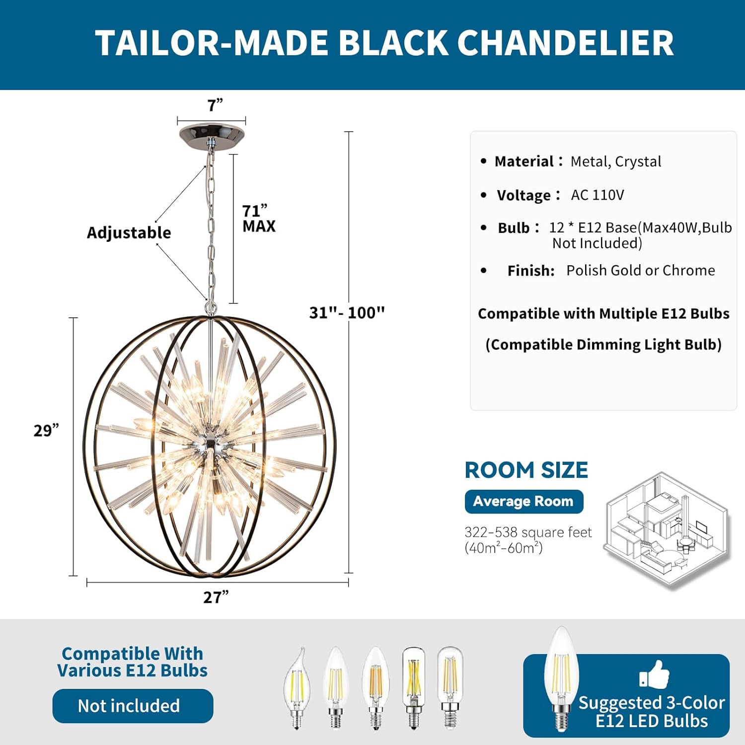 Luxe Black Chandelier — 12-Light - View 4