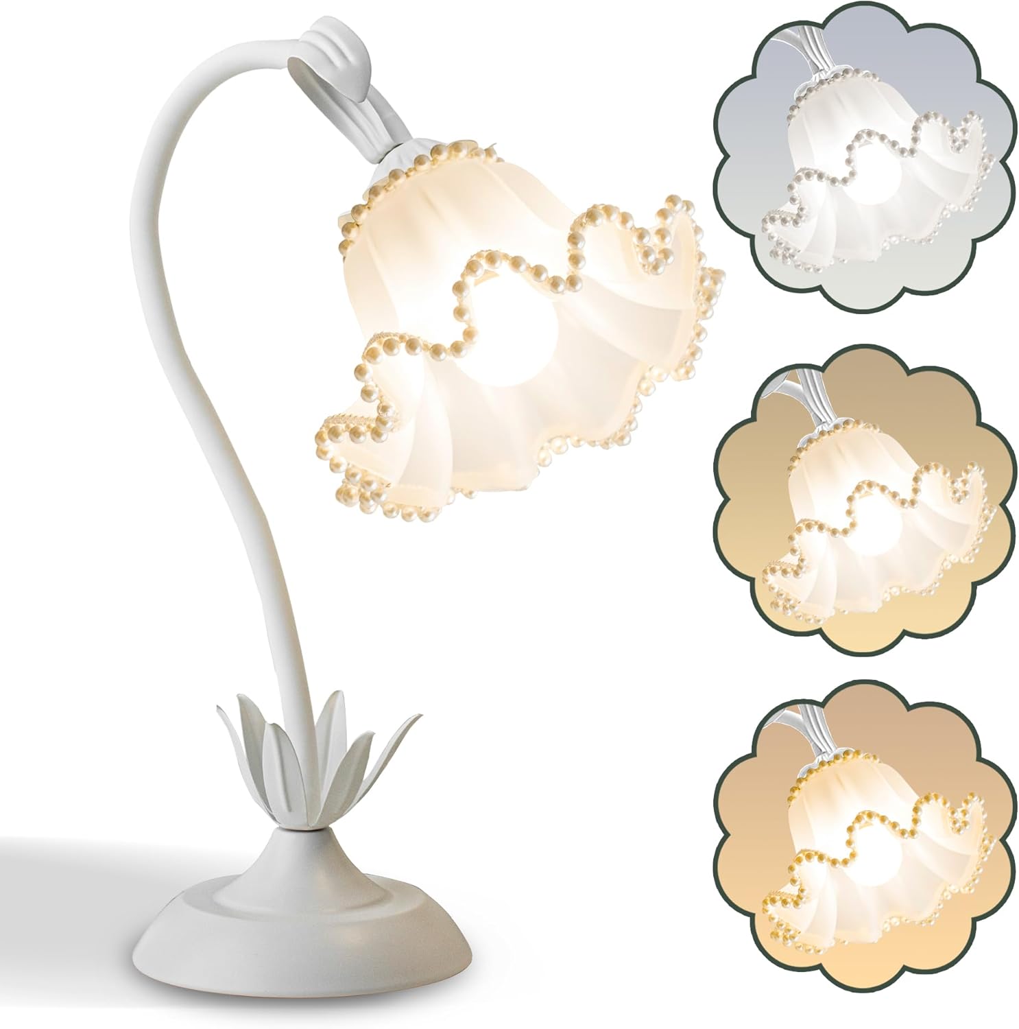 Vintage Green Bedside Lamp — White Pearls