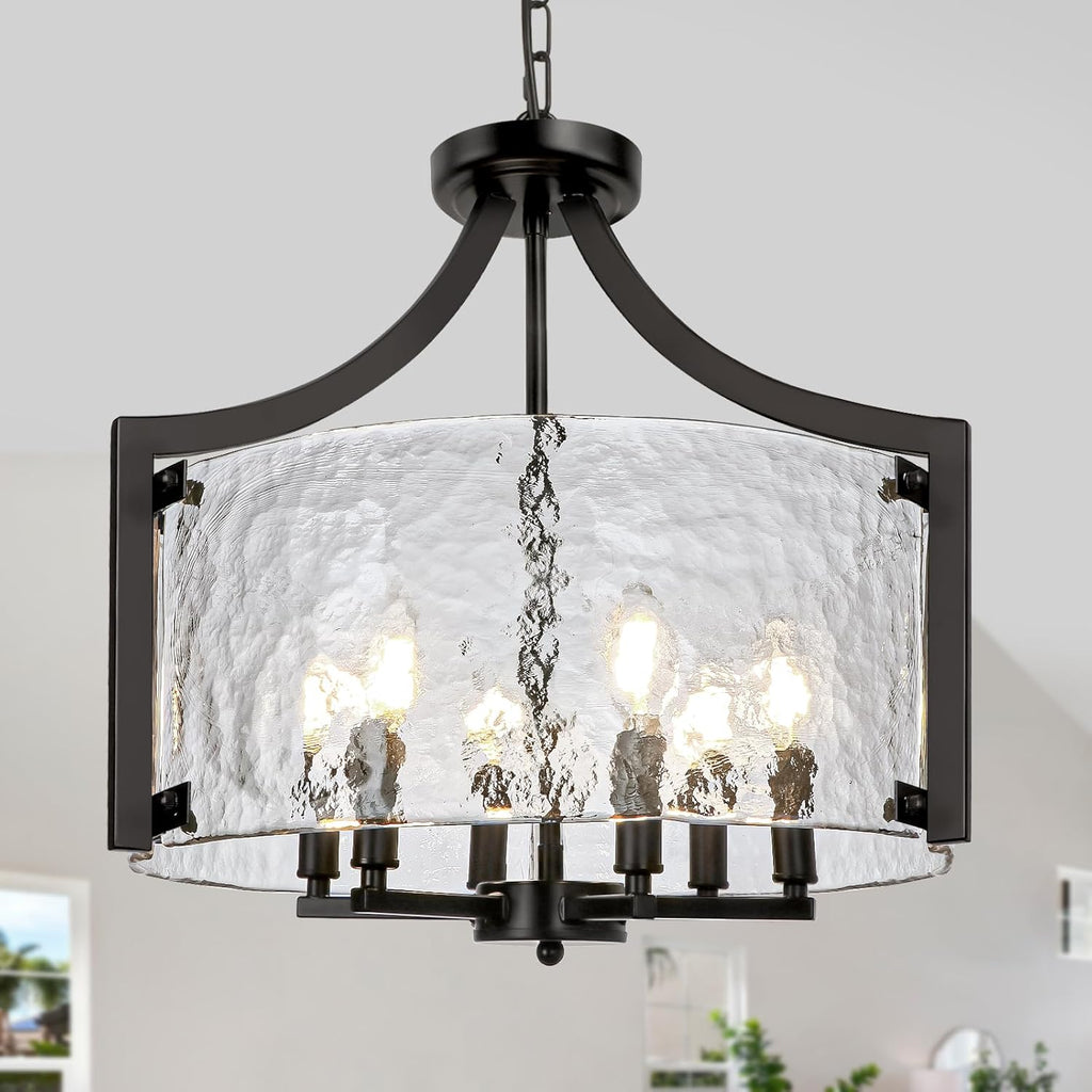 Convertible Farmhouse Black Chandelier — 6-Light — 6-Lights Black Glass