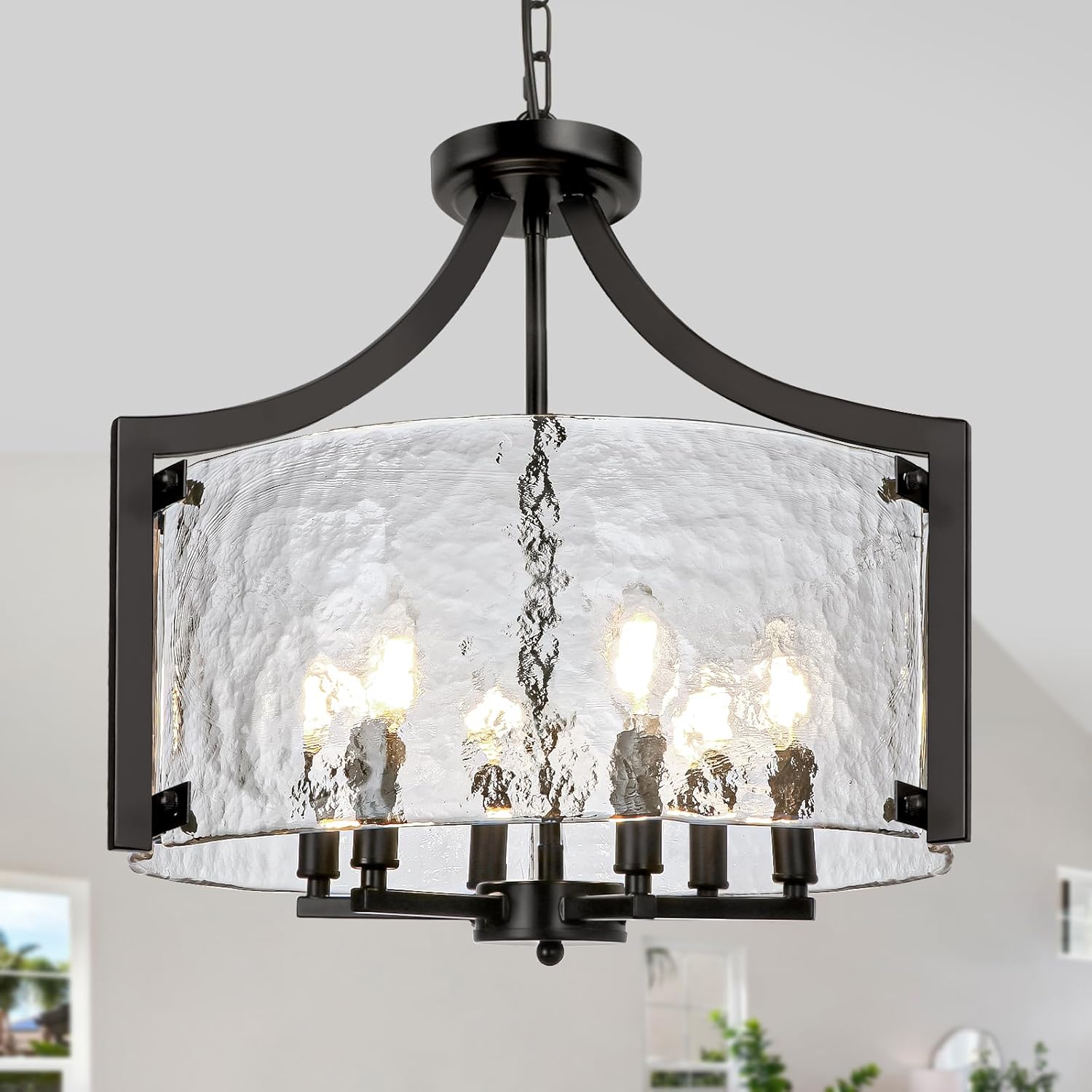 Convertible Farmhouse Black Chandelier — 6-Light — 6-Lights Black Glass
