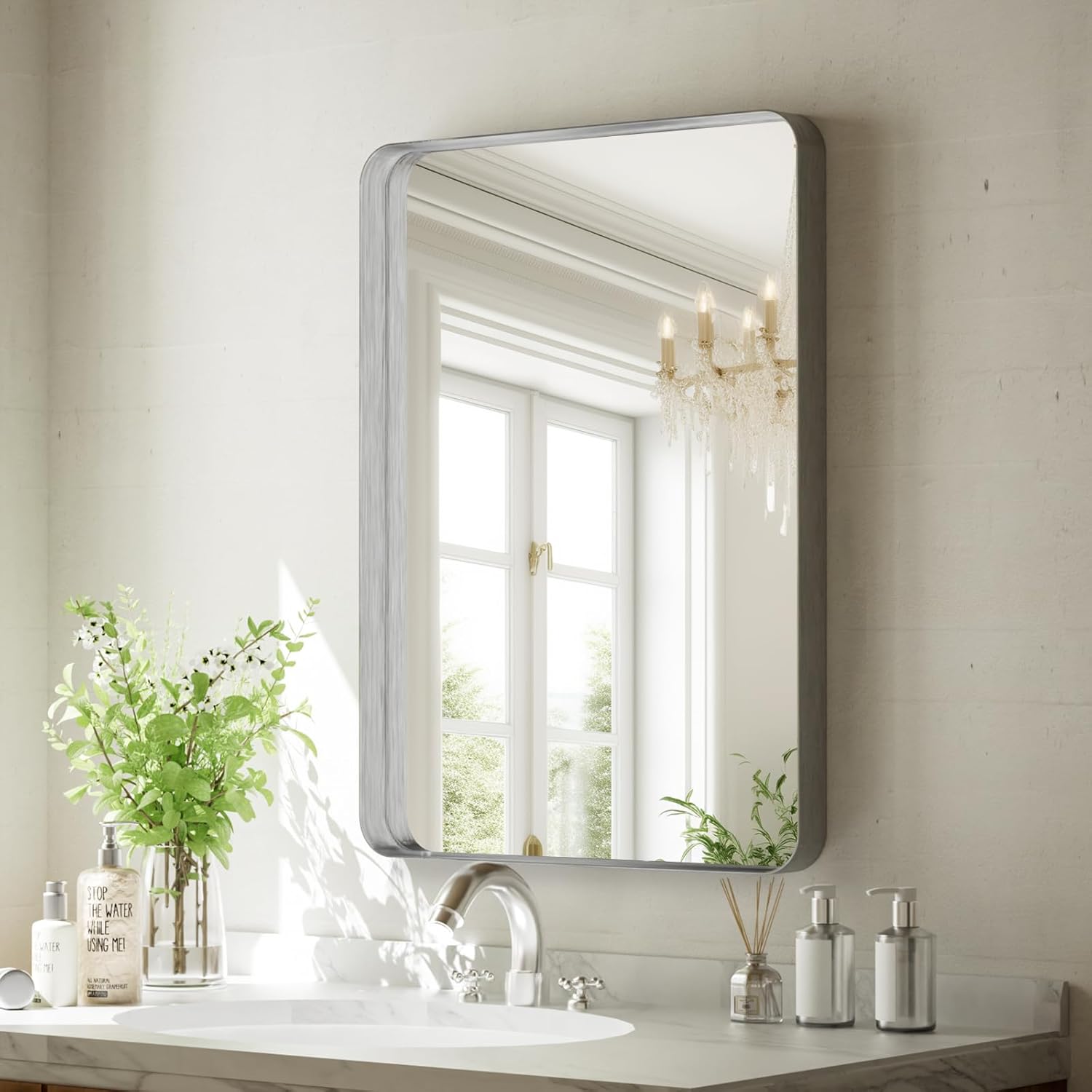 Round Modern Black Mirror — 24" — Silver