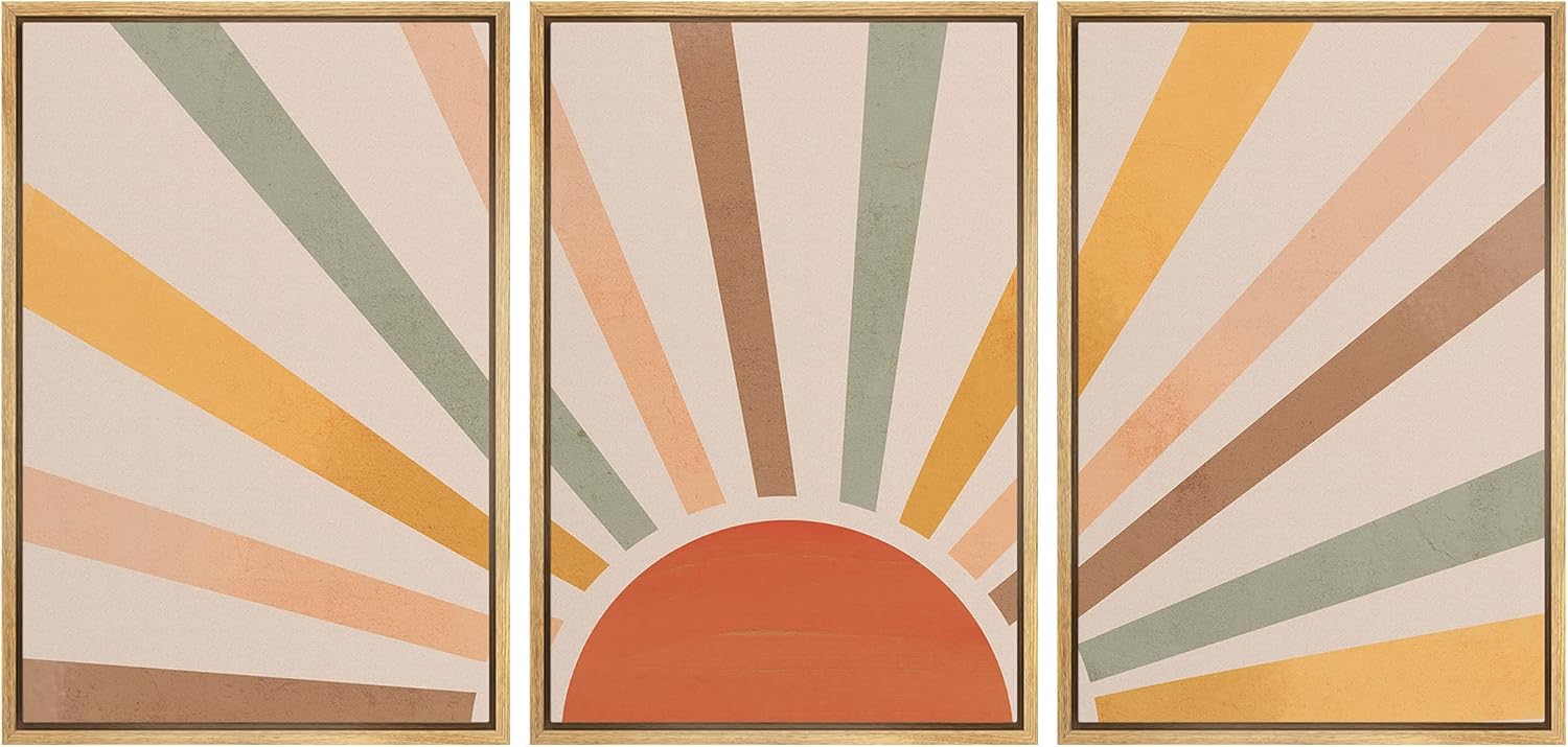Framed Mid-Century Fabric Wall Art — 24" — 16" x 24" x 3 Panels NATURAL