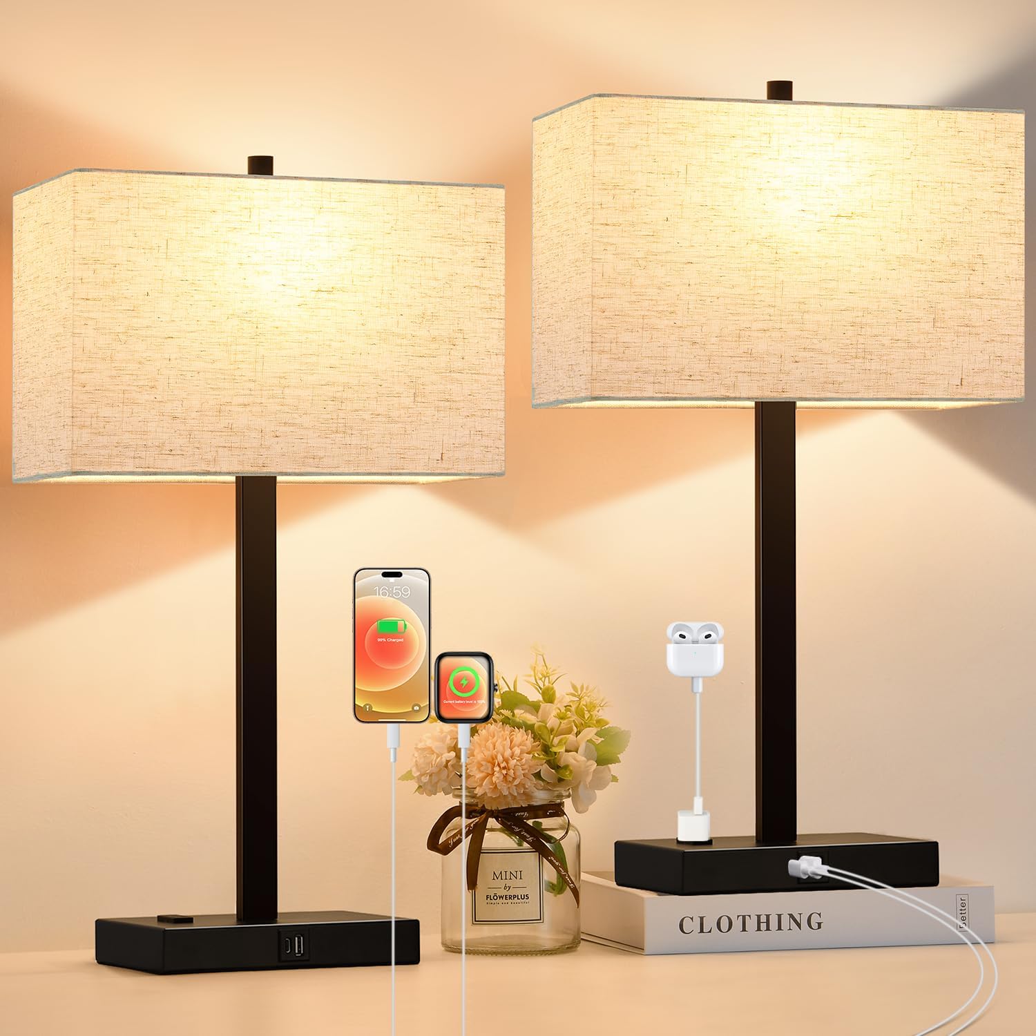 Dimmable Beige LED Bulb — 21" — (2 Pack) Natural Linen & Matte Black (Base)-3000K Bulbs Included