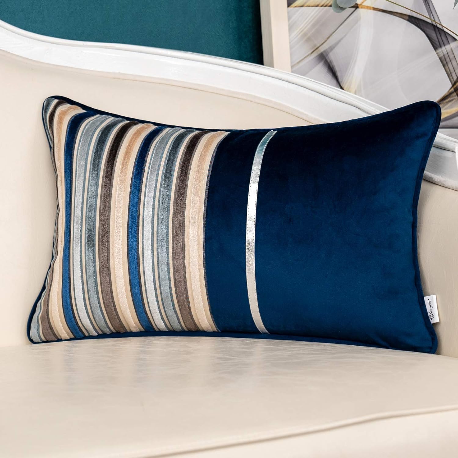 Velvet Boho Beige Throw Pillow Cover — 20" — Blue Patchwork