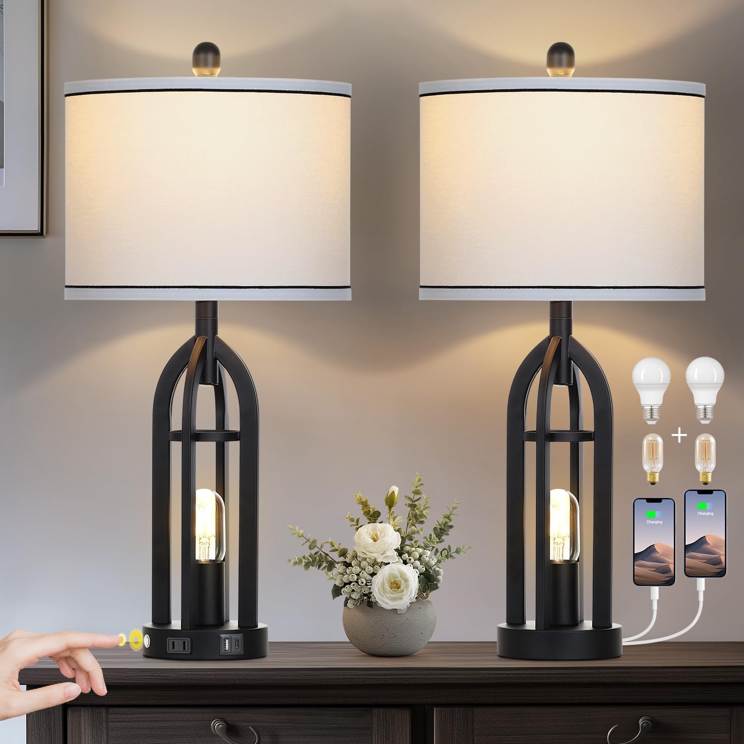 USB Farmhouse Black Bedside Lamp — 27" — Black lamps body-White shade