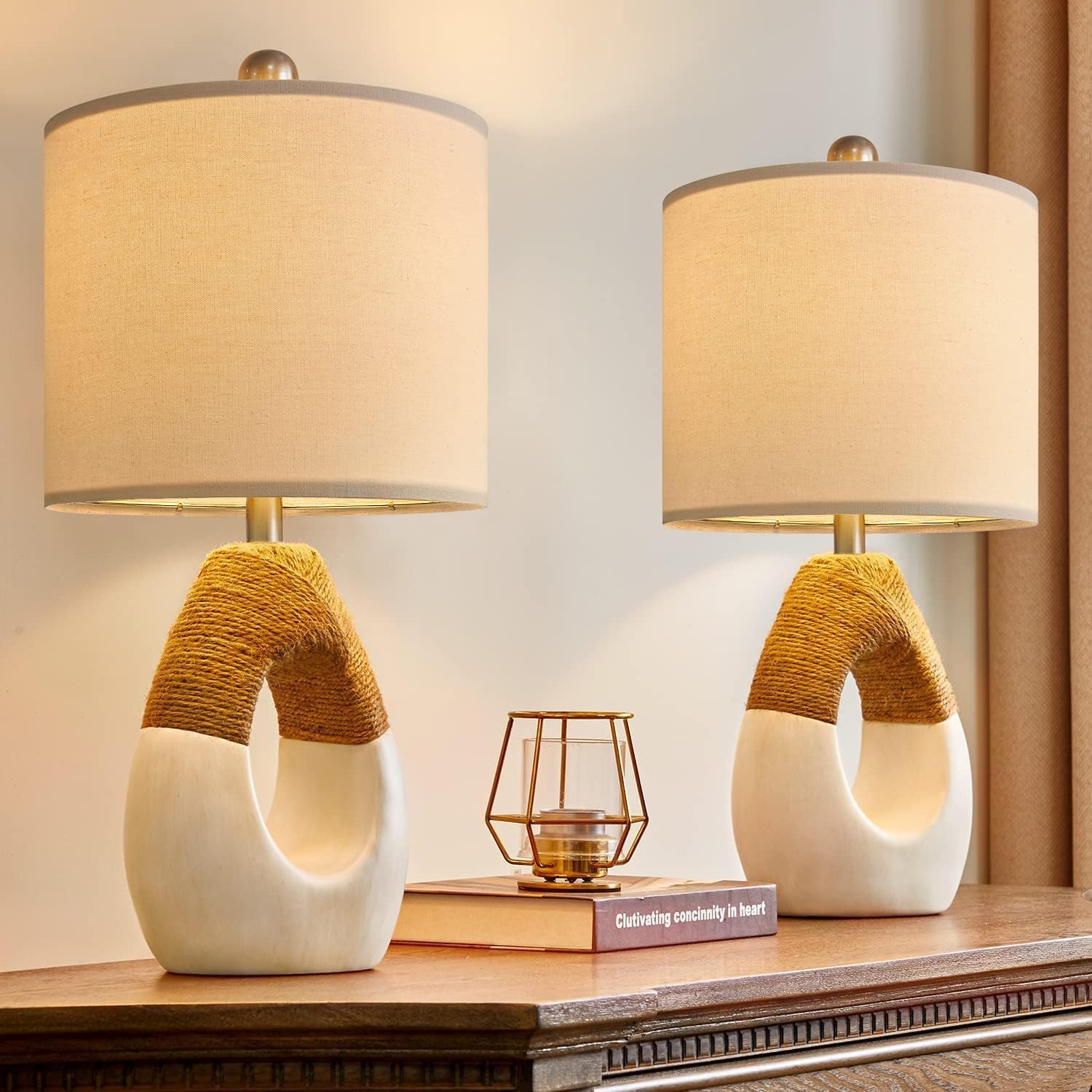 Boho Beige Bedside Lamp — Beige and White