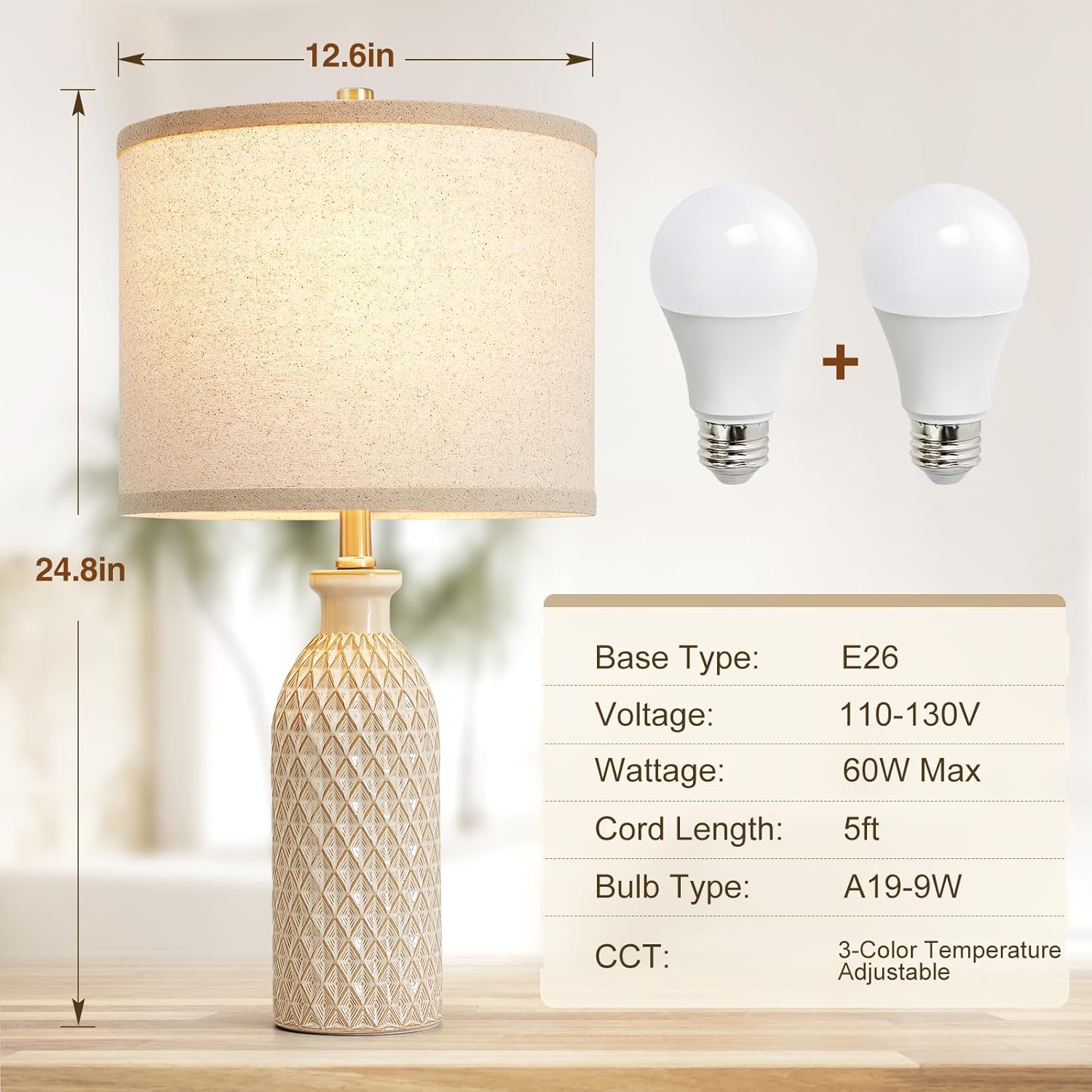 Adjustable Farmhouse Beige Bedside Lamp — 24.8" - View 2