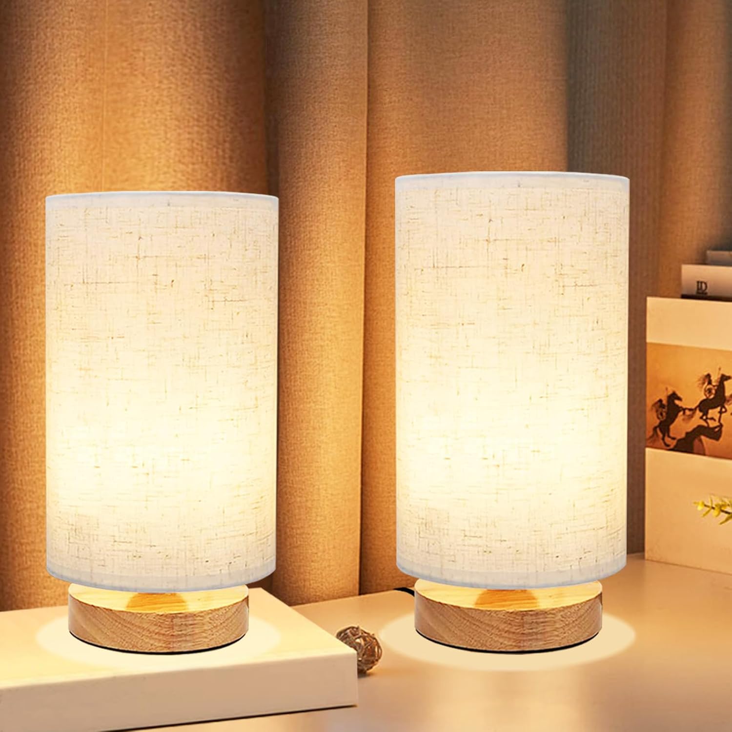 Round Boho Wood Table Lamp — Set of 1 — Round - Set of 2