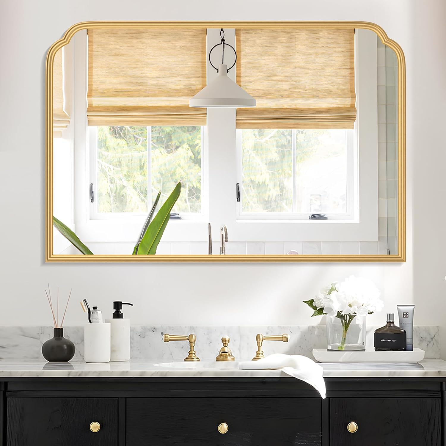 Framed Luxe Beige Vanity Mirror — 30" — Gold