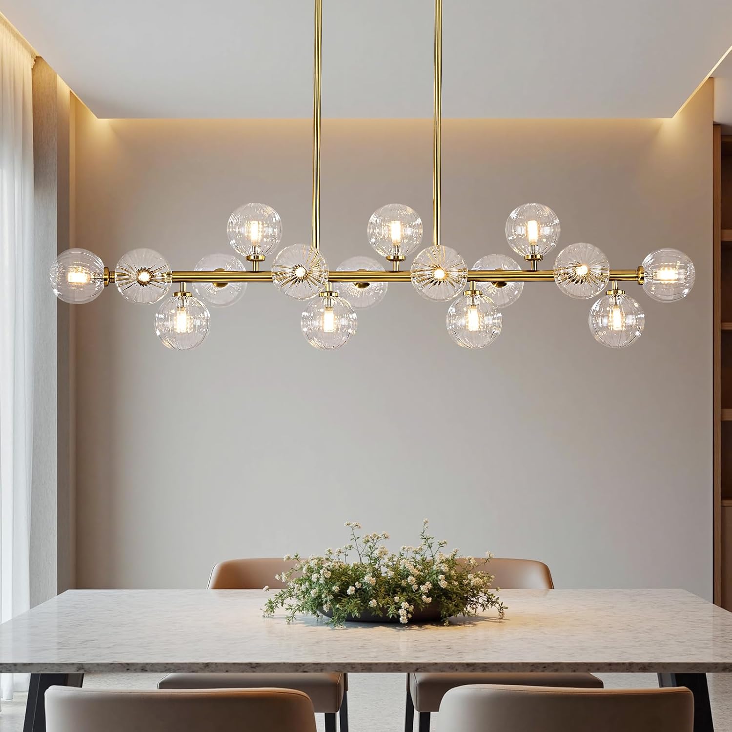 Mid-Century Black Chandelier — 16-Light — Gold (with Clear Lampshade)
