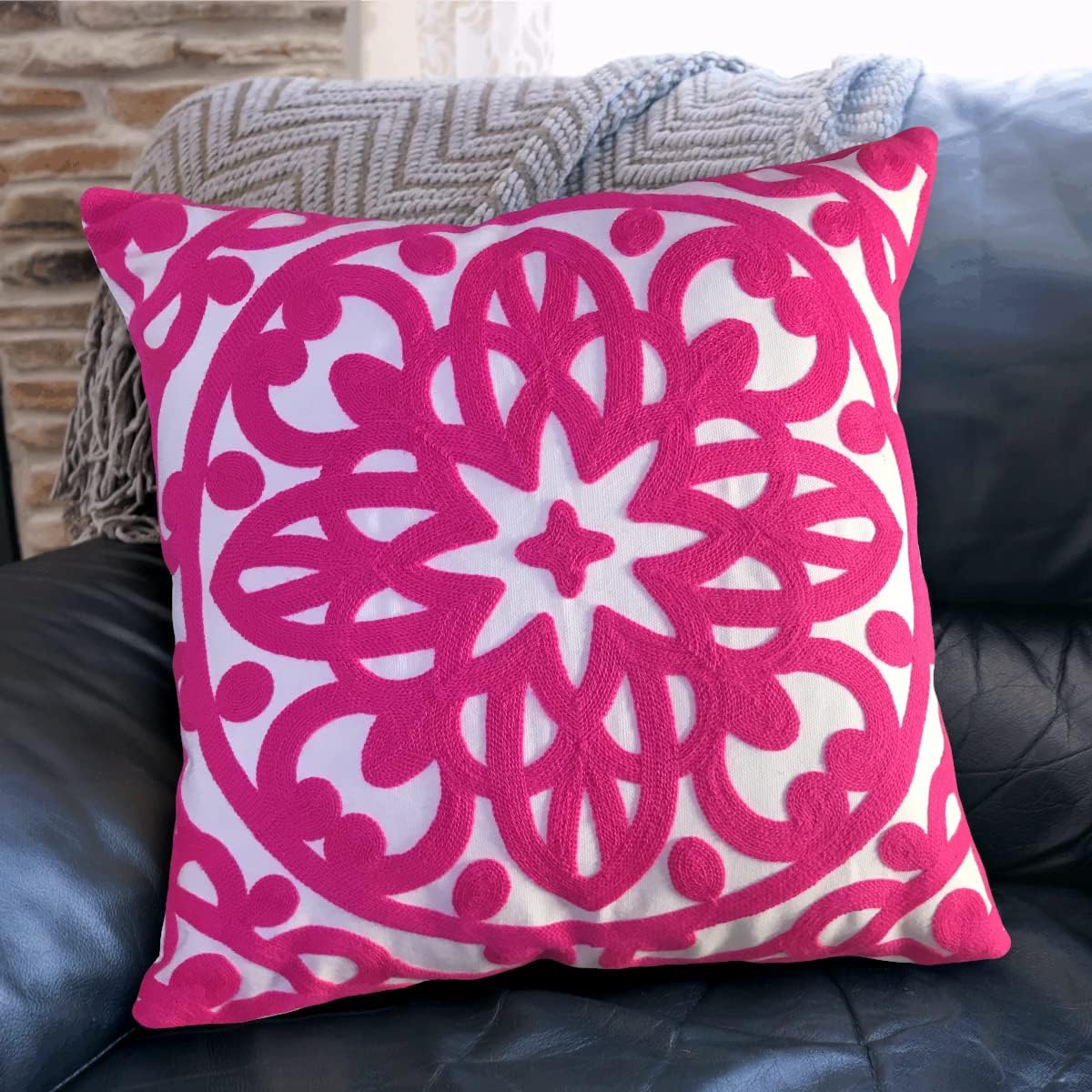 Embroidered Boho Beige Throw Pillow Cover — 12" — Vivid Hot Pink