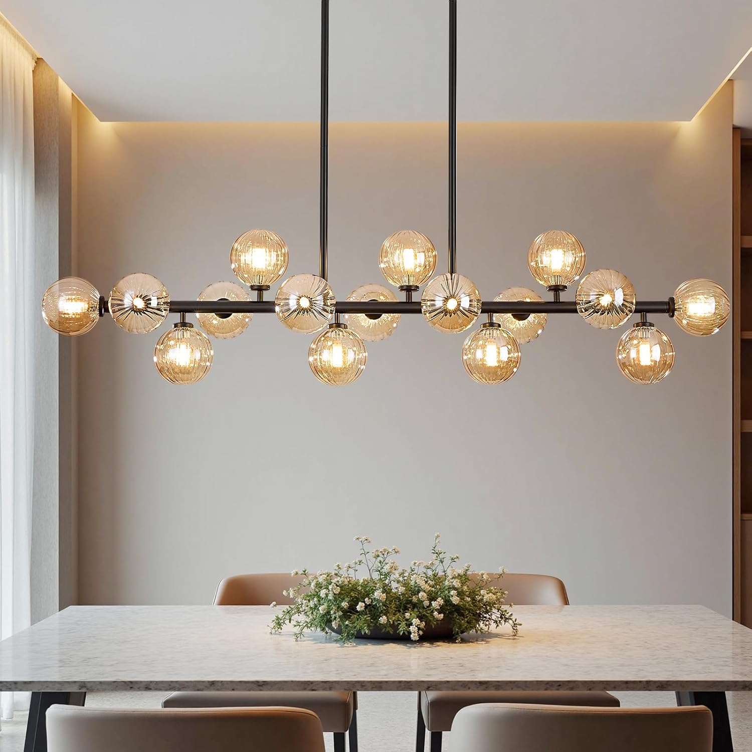 Mid-Century Black Chandelier — 16-Light — Black (with Amber Lampshade)