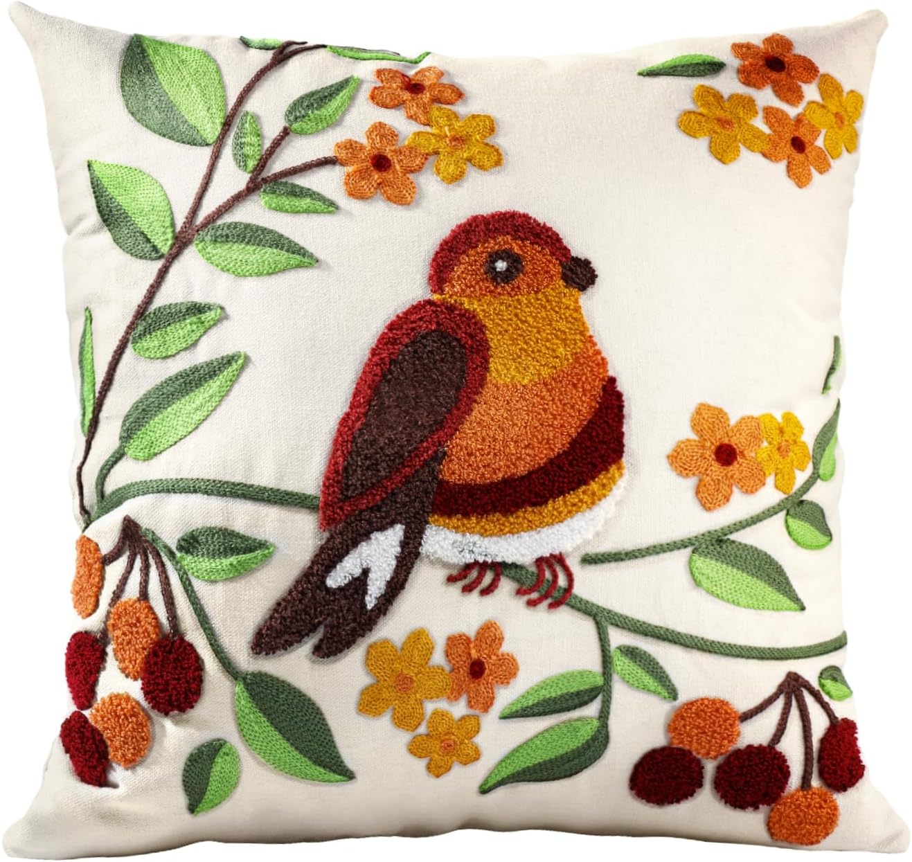 Embroidered Boho Yellow Throw Pillow Cover — 18" — Tree Bird