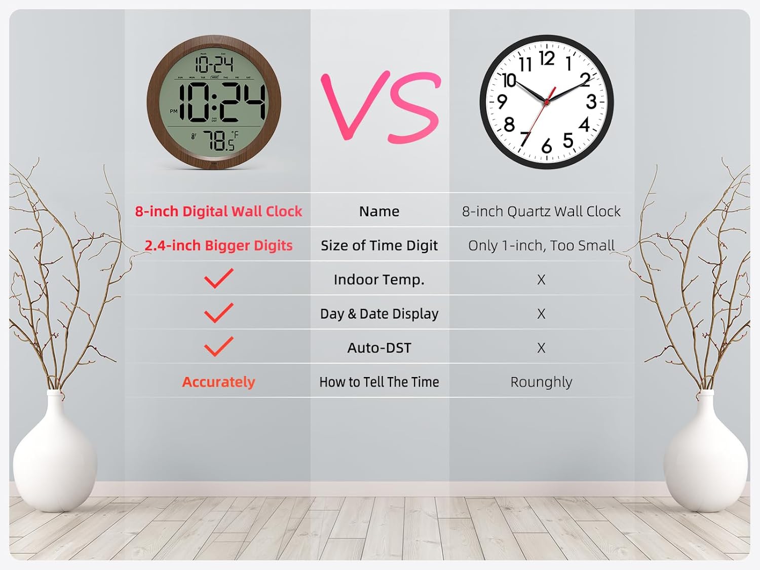 Battery-Operated Farmhouse Wood Wall Clock — 8" - View 2
