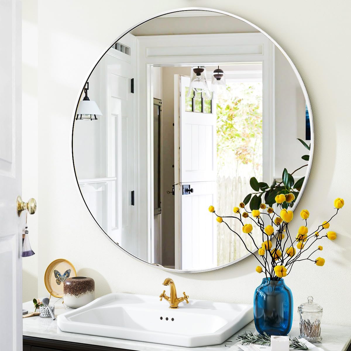 Round Modern Black Mirror — 48" — White