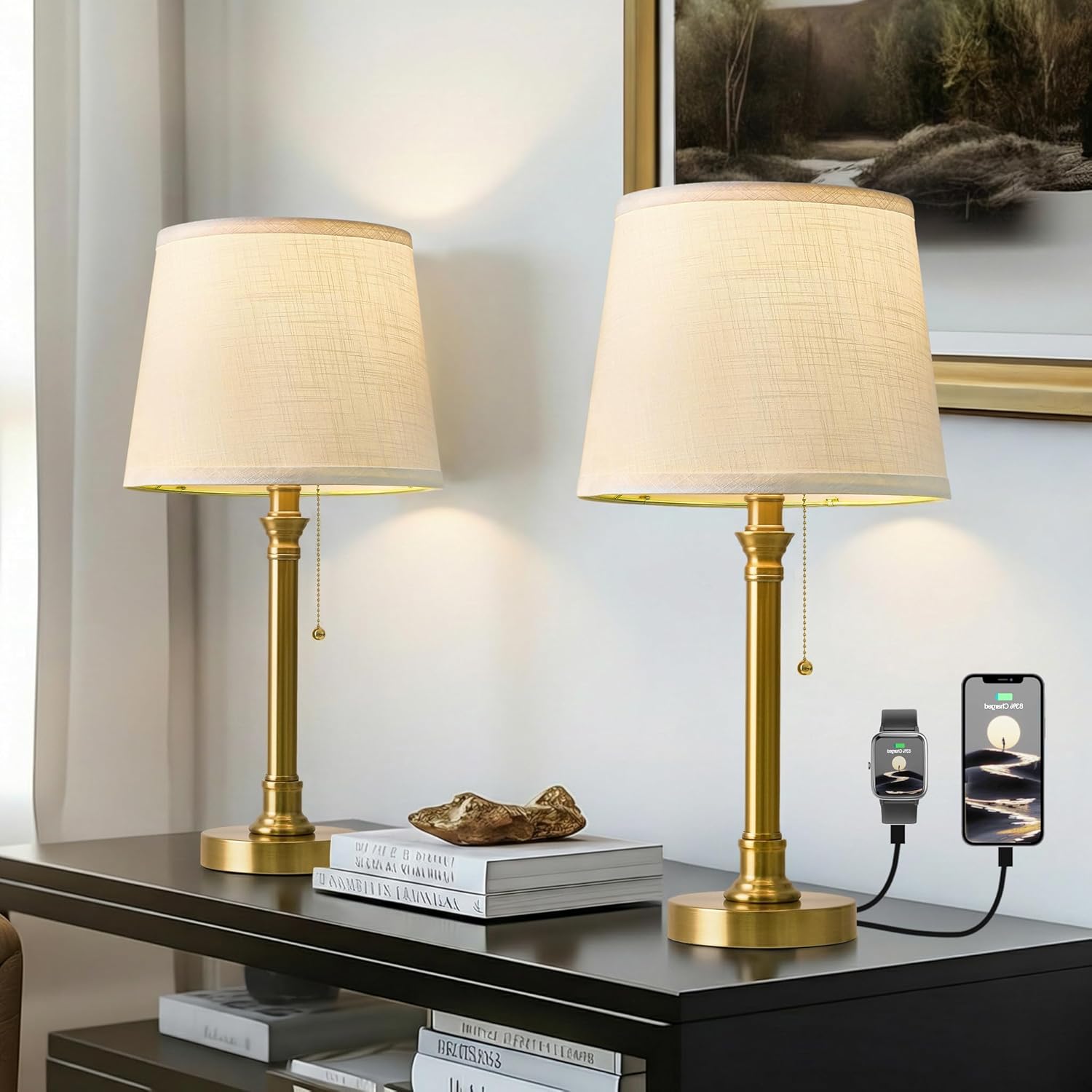 Black Bedside Lamp — 19.5" — Gold USB-2Pack