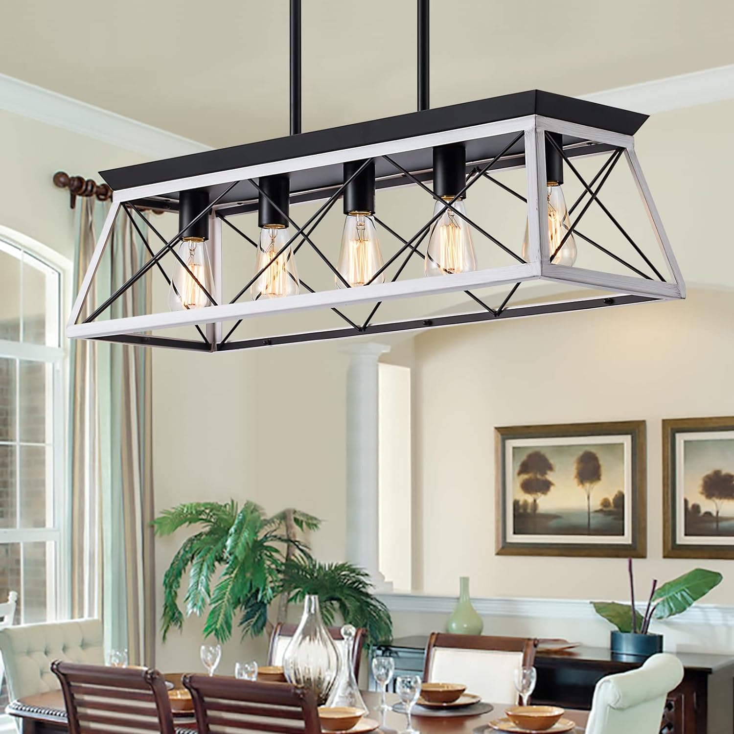 Rectangular Farmhouse Black Chandelier — 5-Light — White