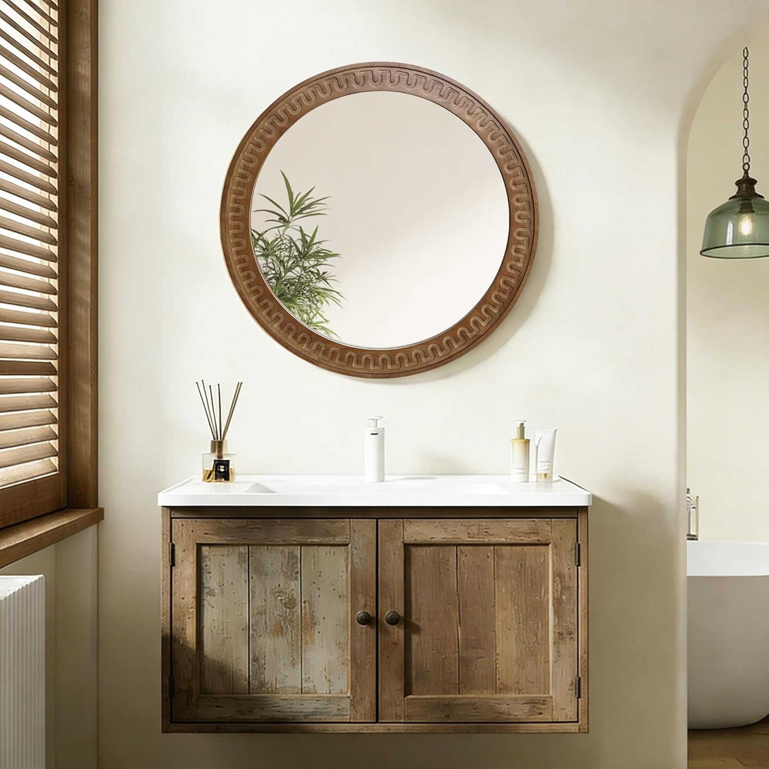 Round Farmhouse Wood Wall Mirror — 25.8" - View 4