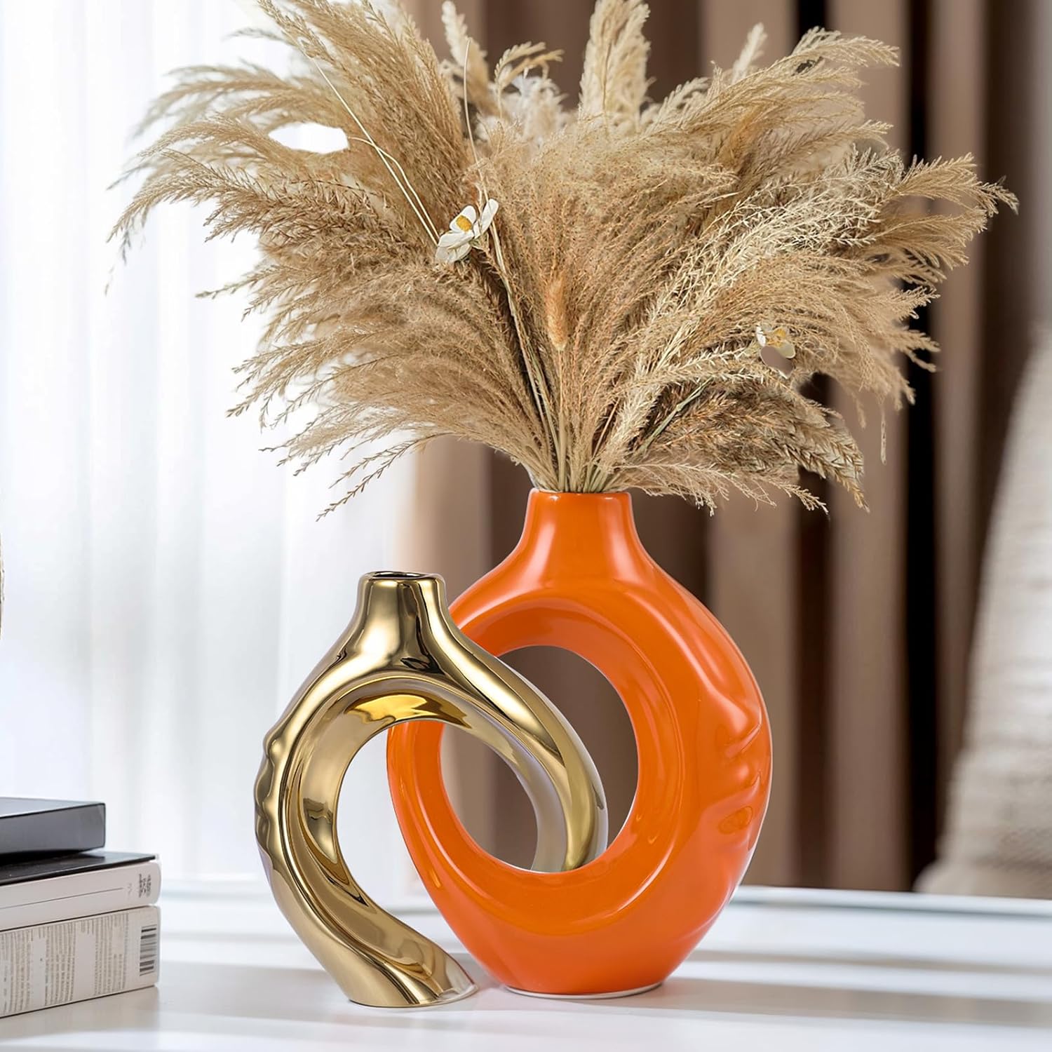 Round Boho Blue Vase Set — Set of 2 — Orange