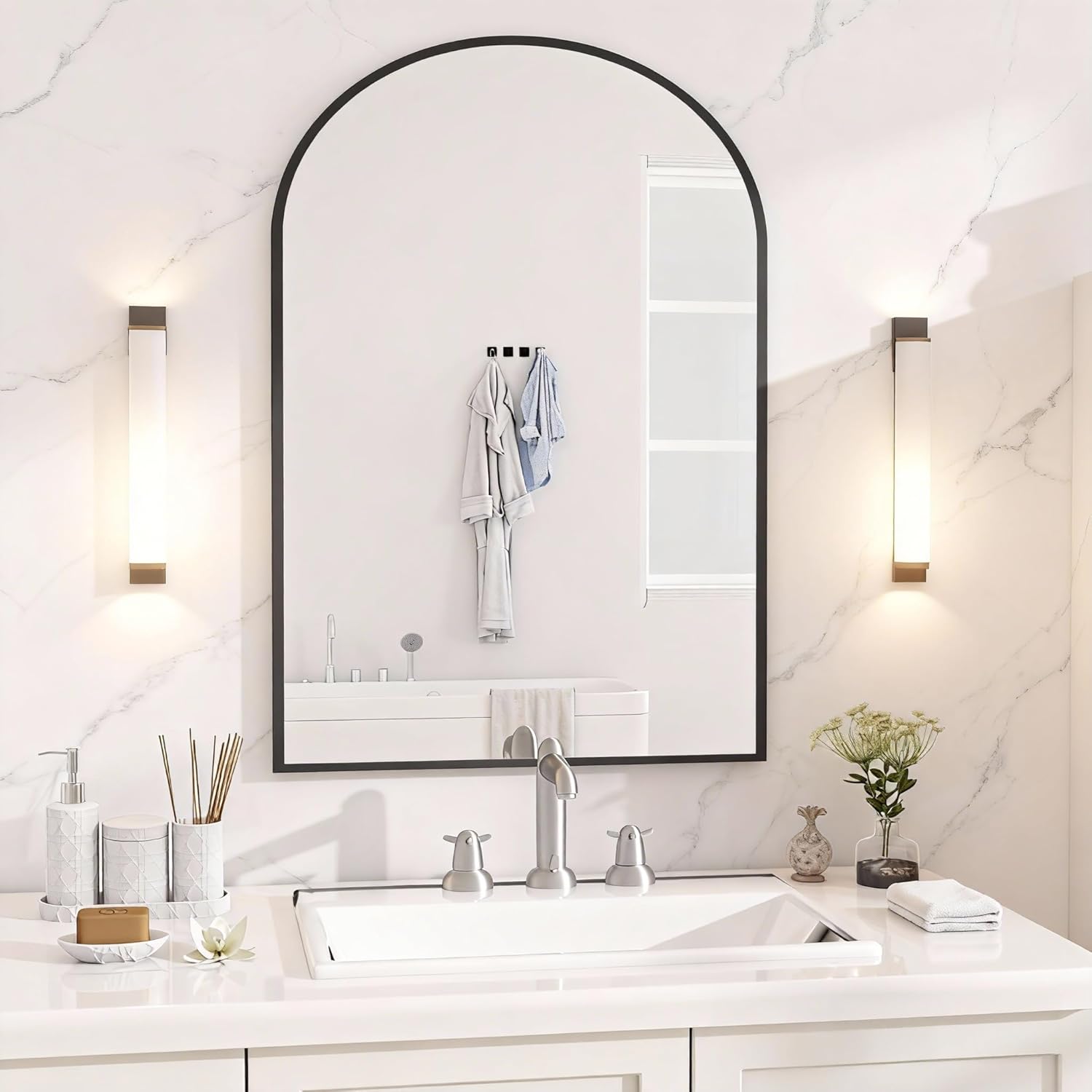 Round Luxe Beige Wall Mirror — 30" — Black-arched