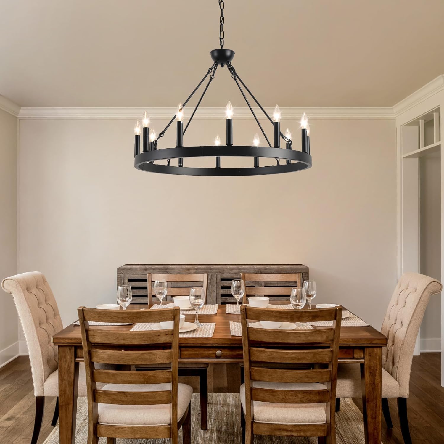 Round Farmhouse Black Chandelier — 12-Light - View 2