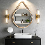 Round Farmhouse Beige Wall Mirror — 15" — Natural Wood