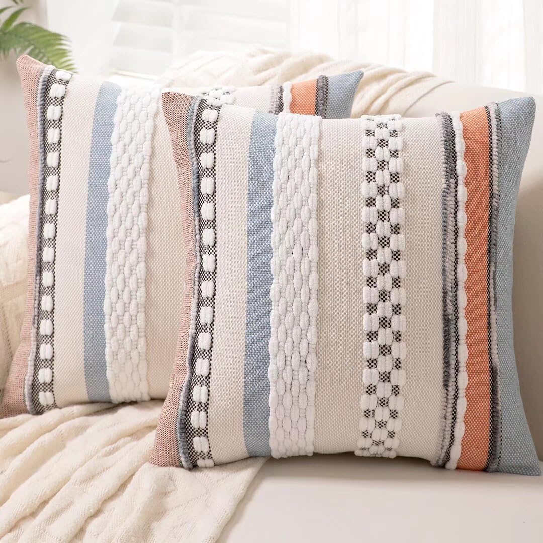 Chenille Boho Black Throw Pillow Cover — 18" — Orange-blue Stripe