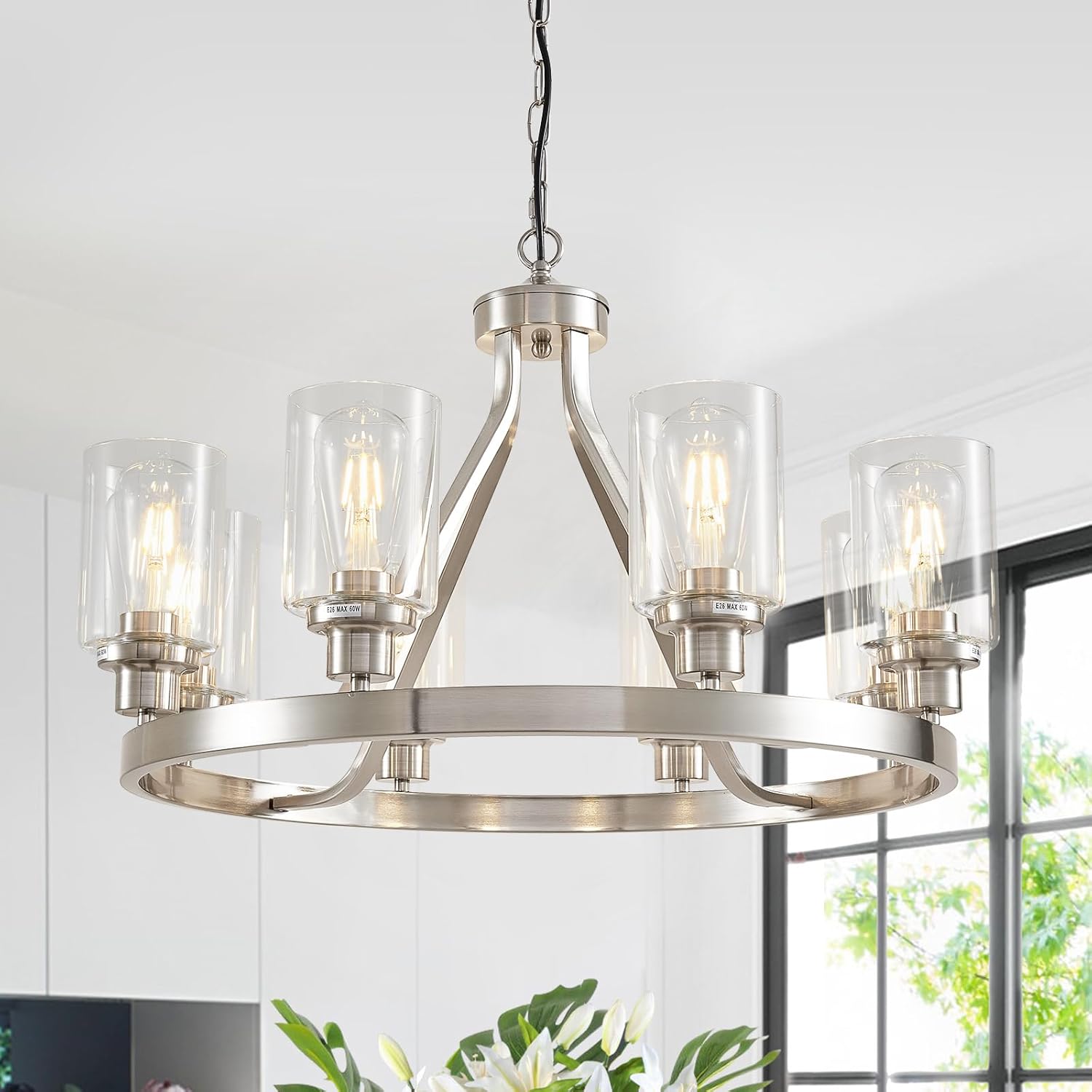 Adjustable Modern Black Chandelier — 6-Light — Brushed Nickel