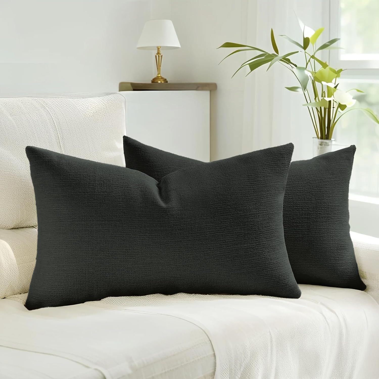 Linen Boho Beige Pillow Cover — 18" — Black