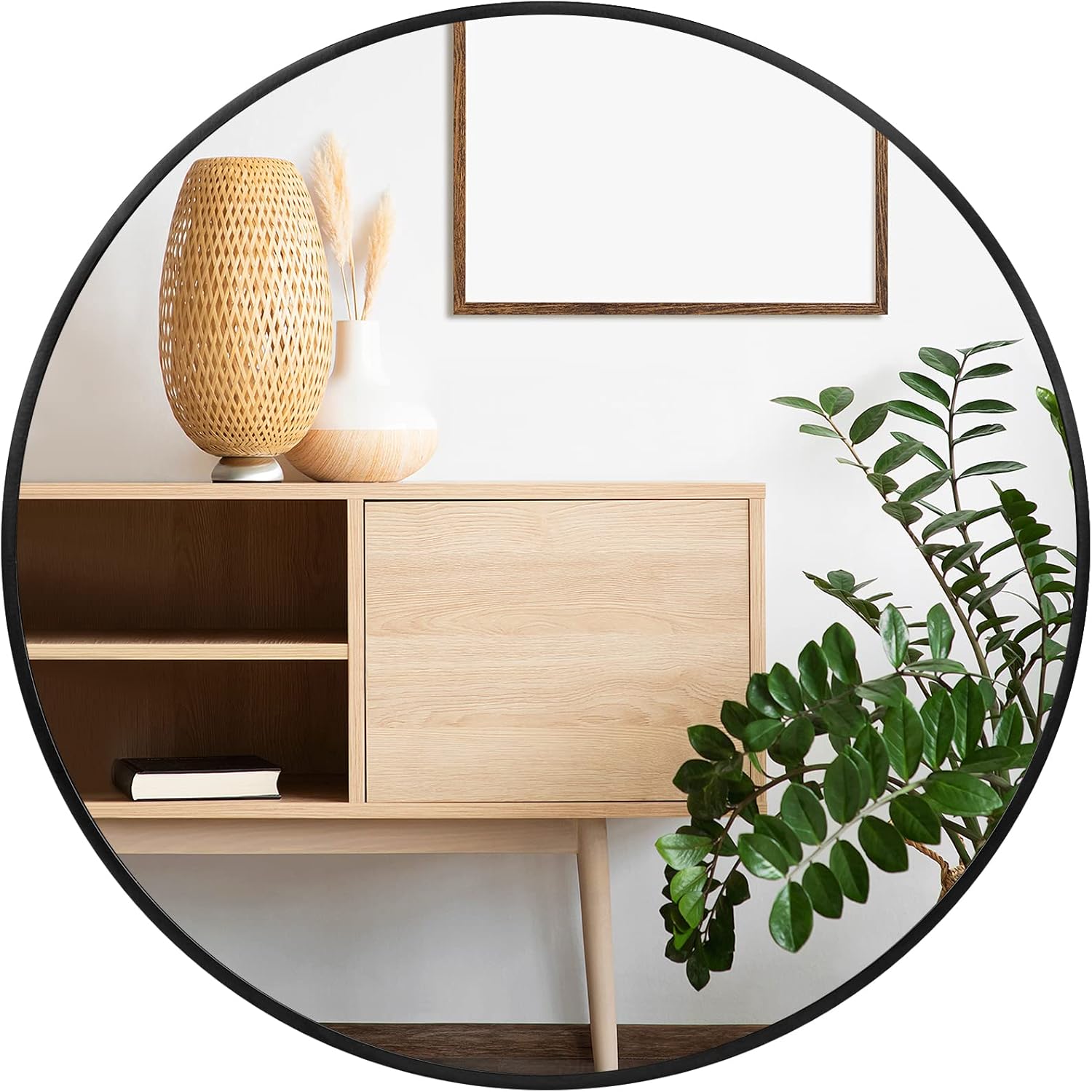 Framed Beige Round Mirror — 20" — 24"L x 24"W