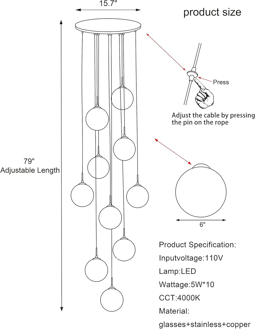 Adjustable Luxe Grey Chandelier — 10-Light - View 4
