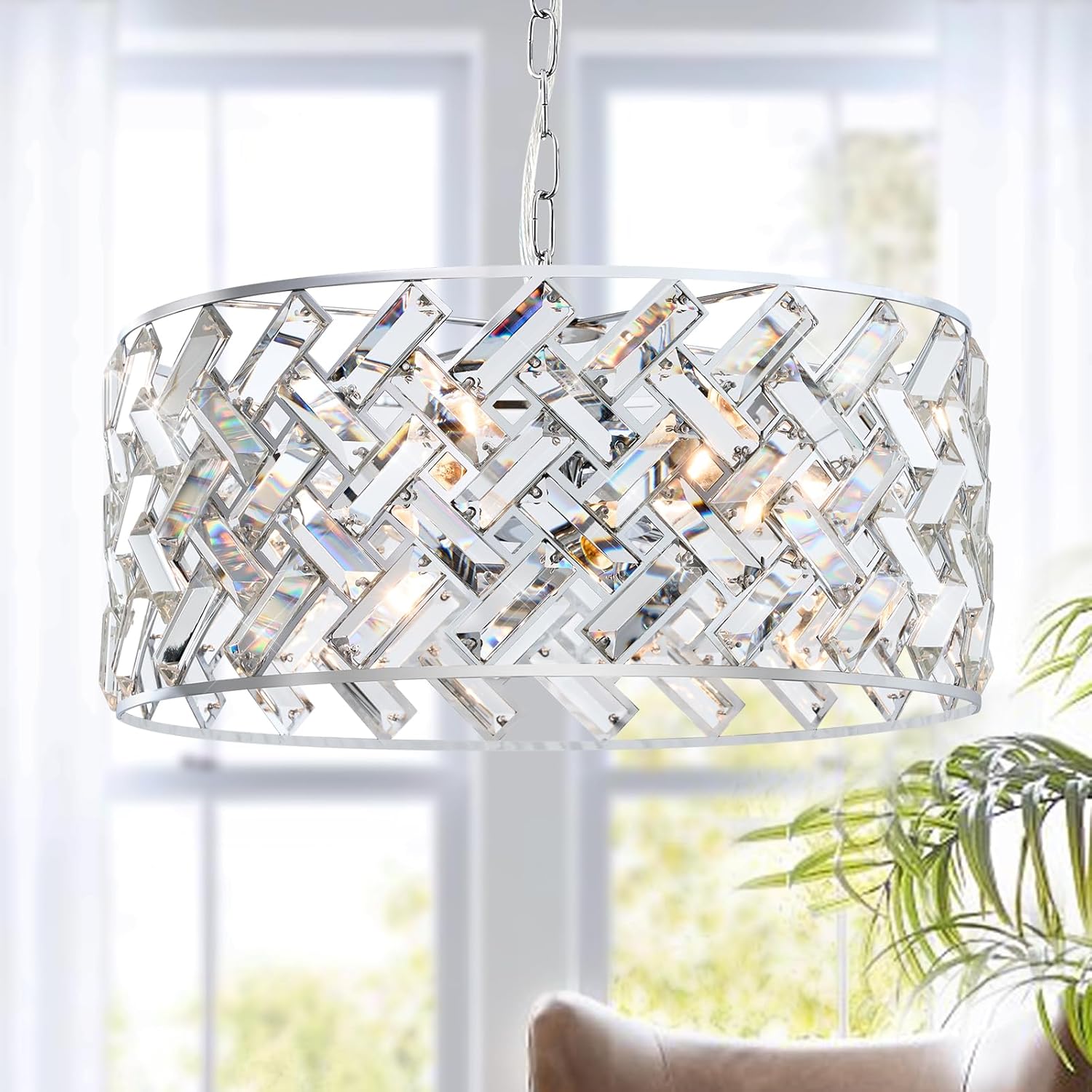Round Luxe Black Chandelier — 20" — Large Chrome
