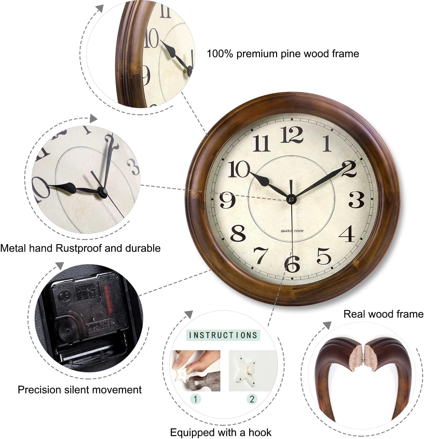 Battery Operated Mid-Century Wood Wall Clock — 14" - View 3