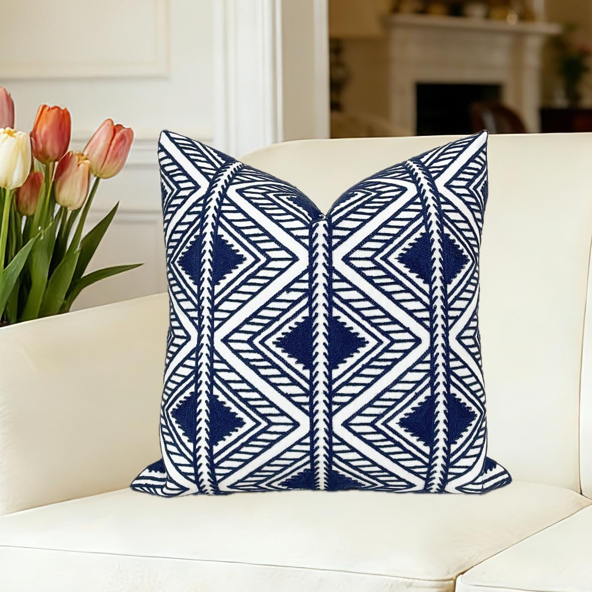 Embroidered Boho Beige Throw Pillow Cover — 18" — Navy Big Triangle