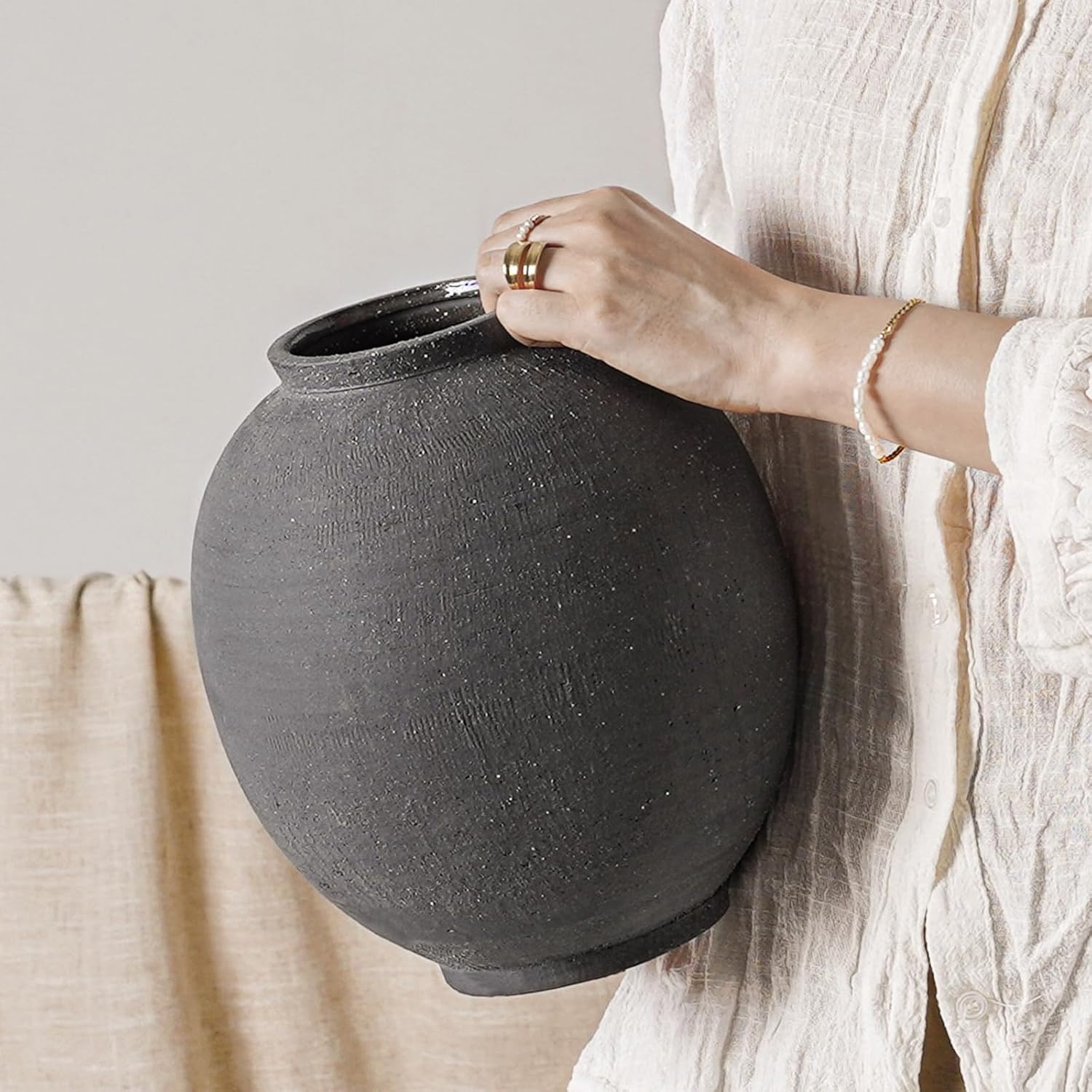 Farmhouse Beige Flower Vase — 8" — Sandstone Dark Grey