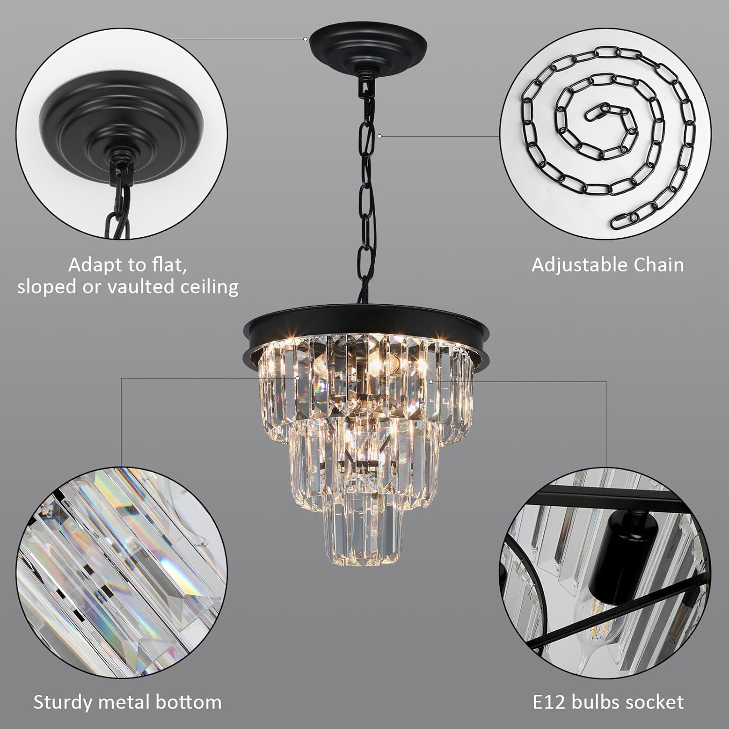 Luxe Black Chandelier — 12" - View 6