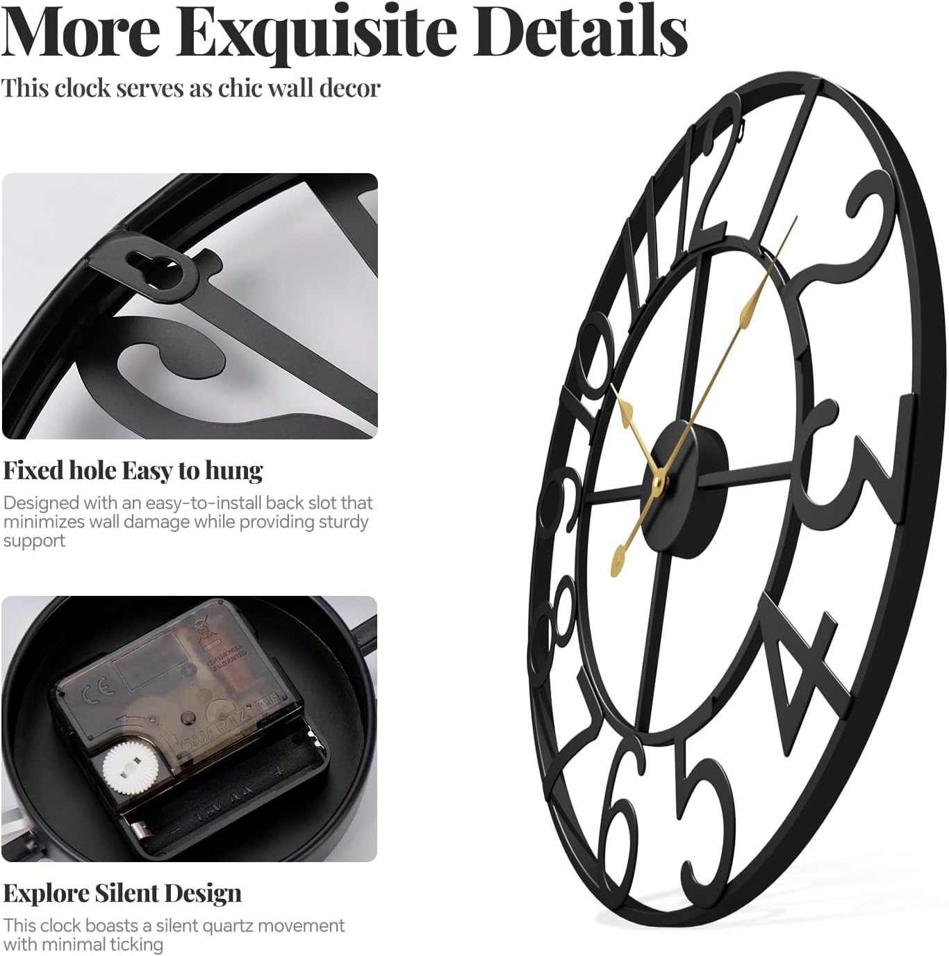 Battery-Operated Modern Black Wall Clock — 30" - View 5
