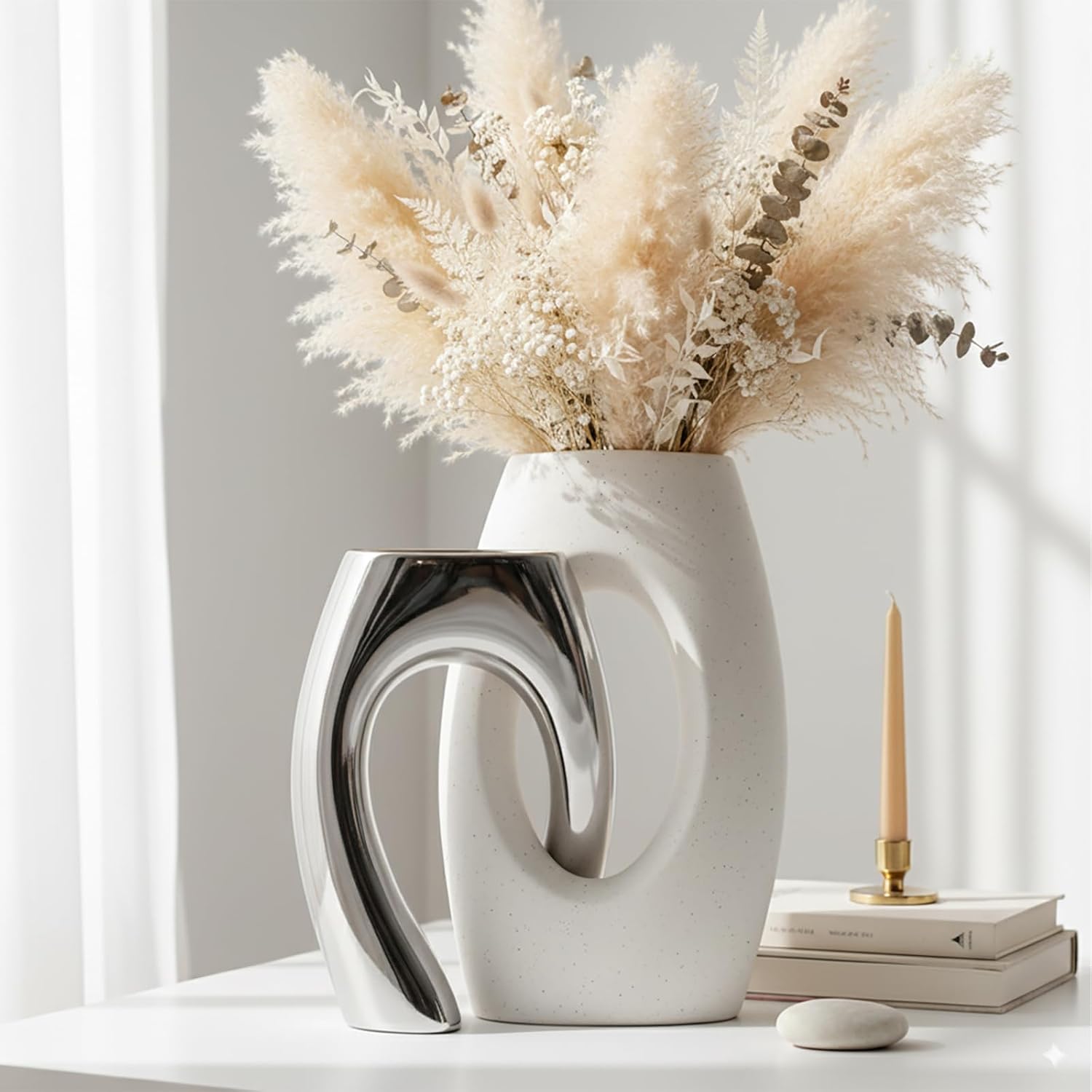 Boho Black Vase Set — Set of 2 — White&silver