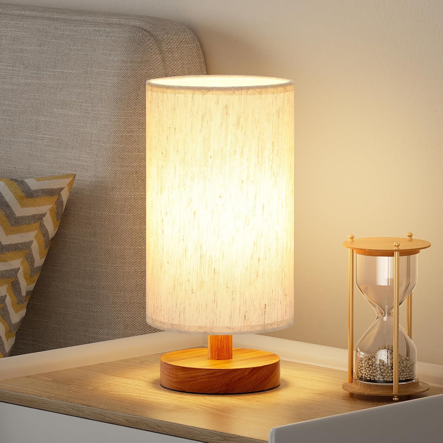 Beige Bedside Lamp — 9" — Cream Shade - Walnut Base
