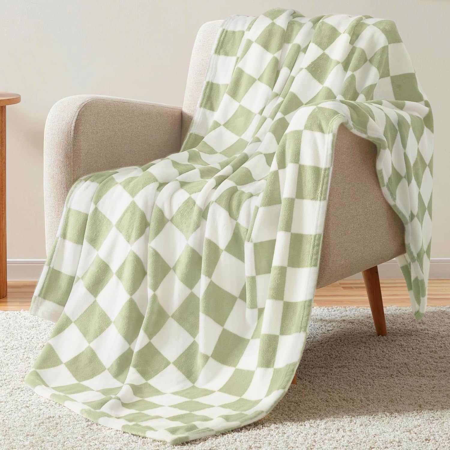 Beige Throw Pillow — 60" — Checkered Sage Green