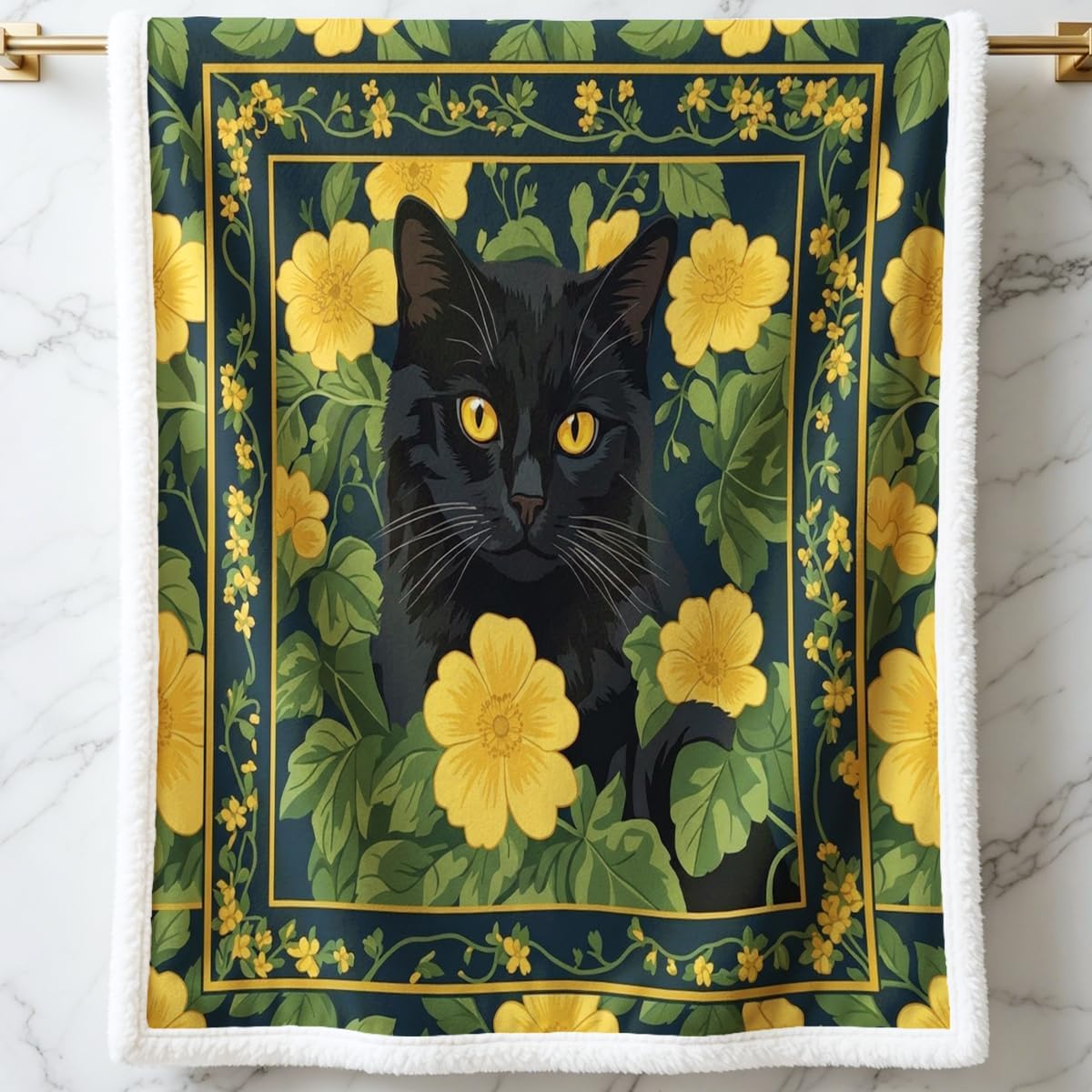 Modern Black Throw Pillow — 50" — Floral Cat Daisy