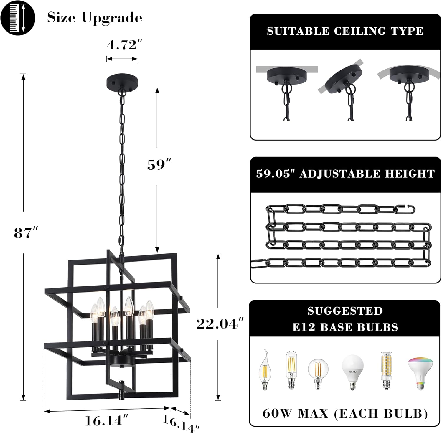 Farmhouse Black Chandelier — 6-Light - View 5
