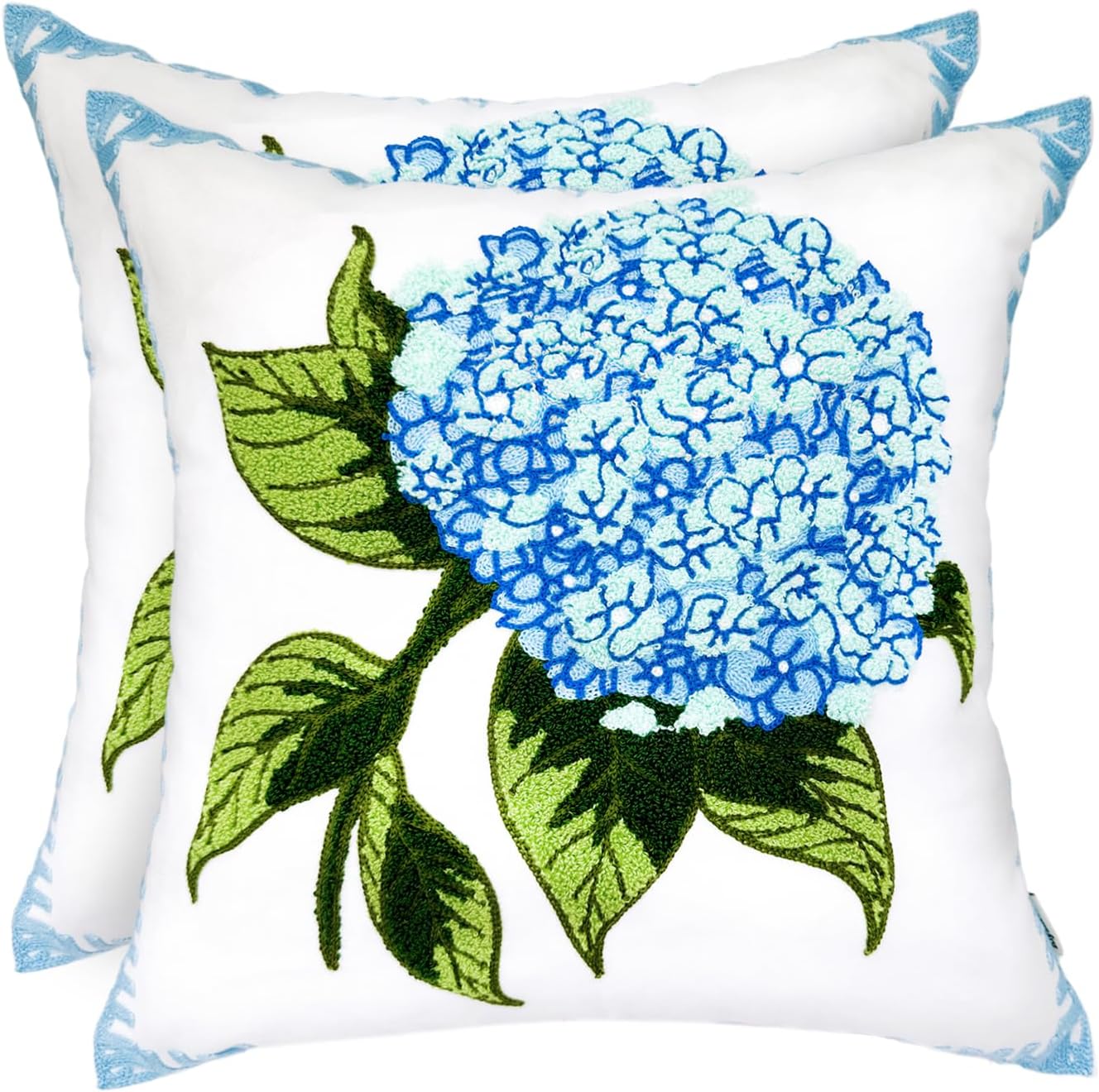 Embroidered Boho Blue Throw Pillow Cover — 18" — Hydrangea Blue